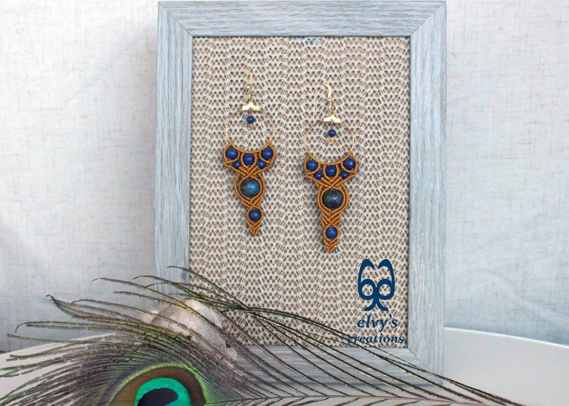 Gold Macrame Earrings with Lapis Lazuli Gemstones Handmade Healing Jewelry