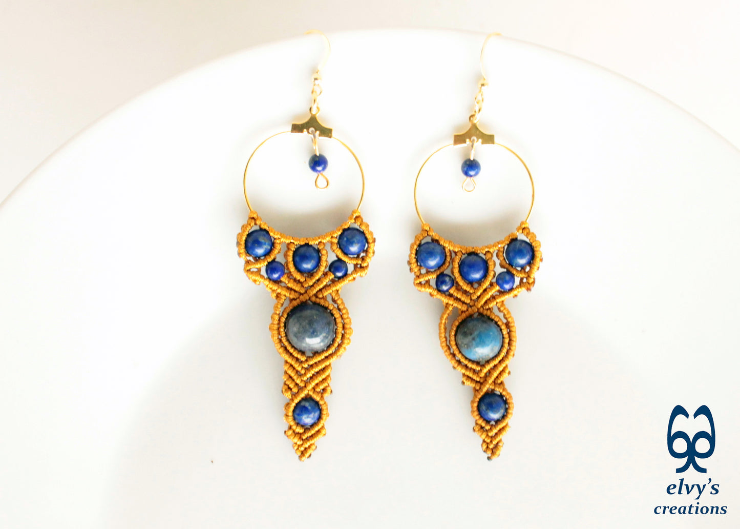 Gold Macrame Earrings with Lapis Lazuli Gemstones Handmade Healing Jewelry