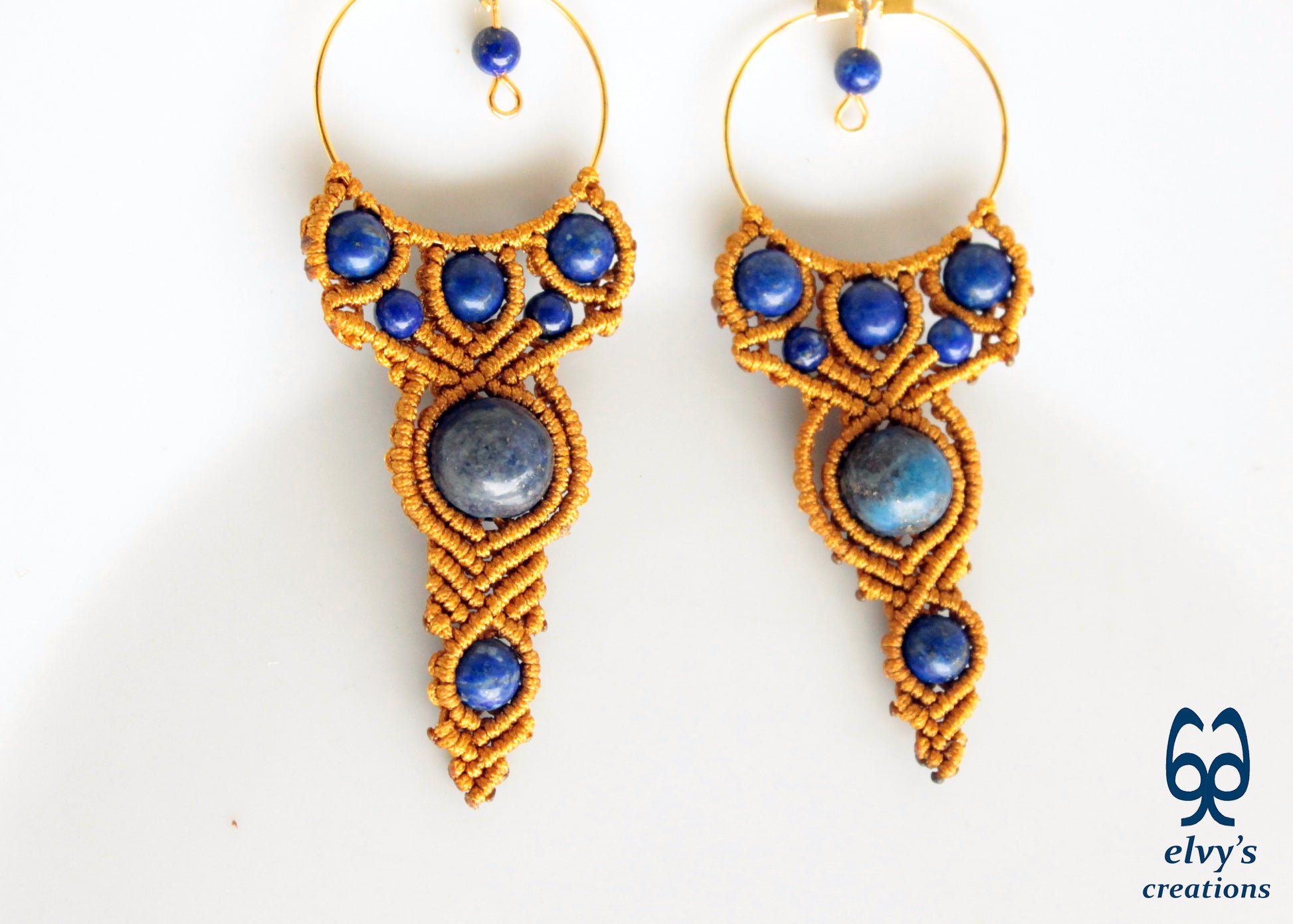 Gold Macrame Earrings with Lapis Lazuli Gemstones Handmade Healing Jewelry