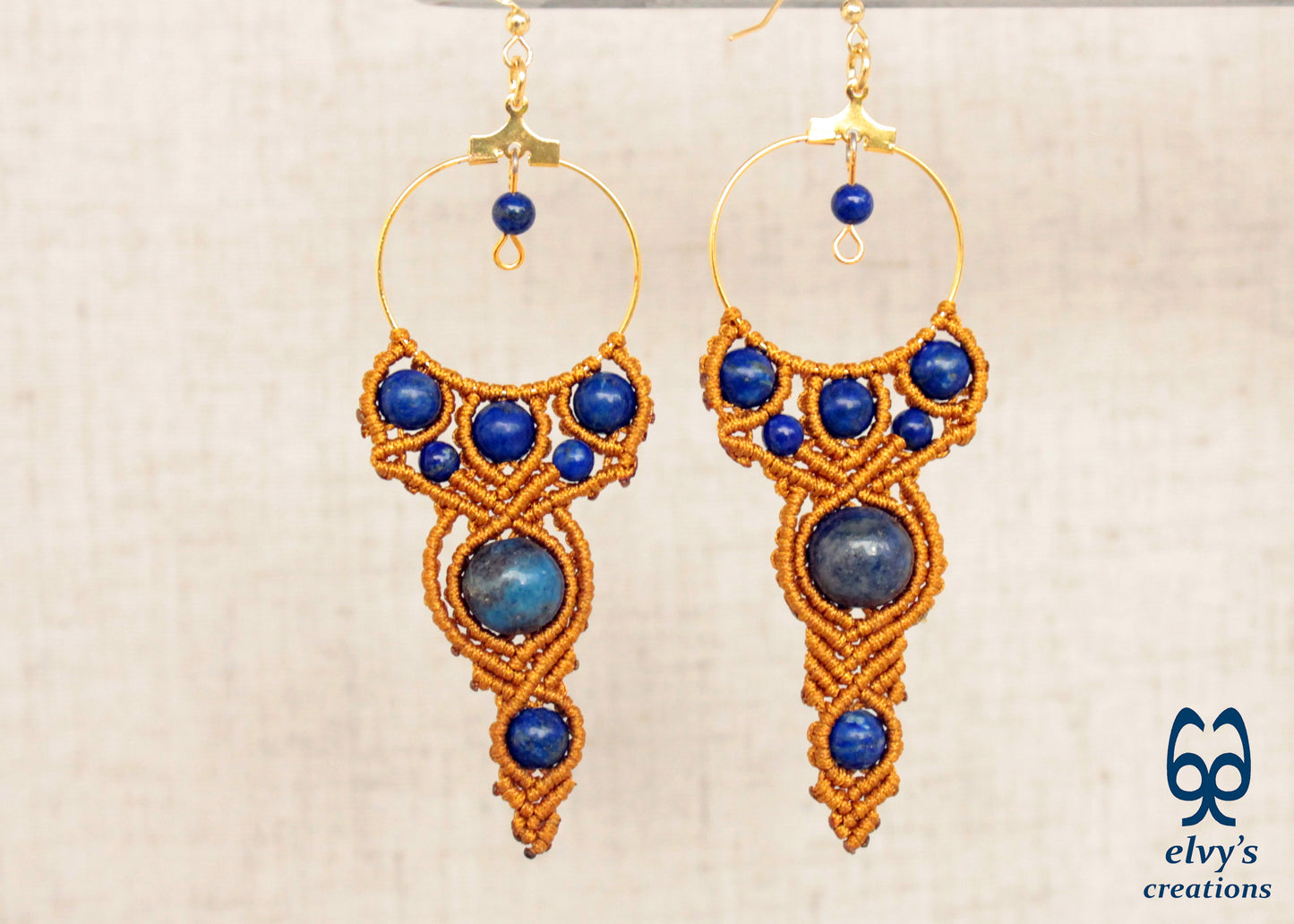 Gold Macrame Earrings with Lapis Lazuli Gemstones Handmade Healing Jewelry