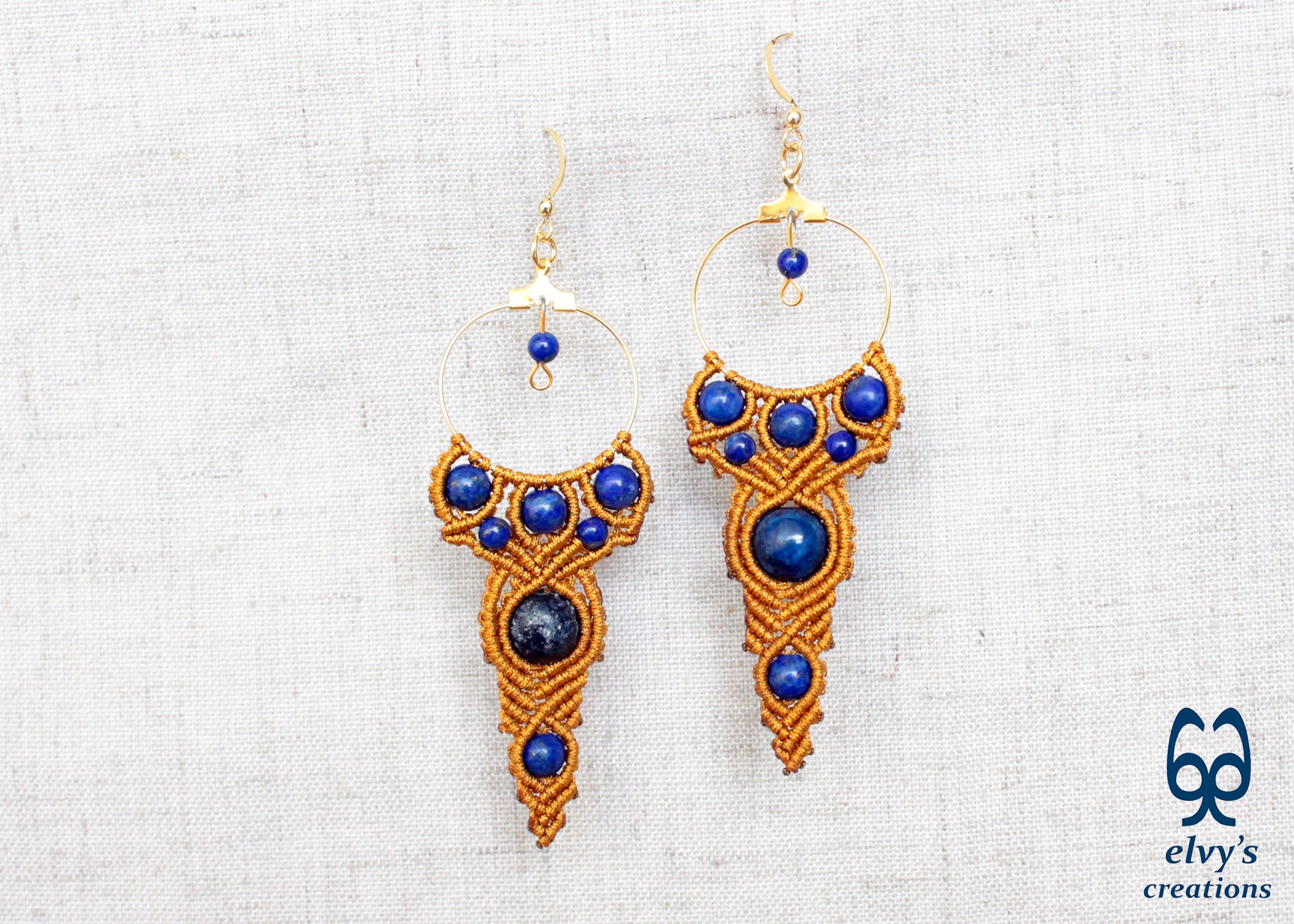 Gold Macrame Earrings with Lapis Lazuli Gemstones Handmade Healing Jewelry