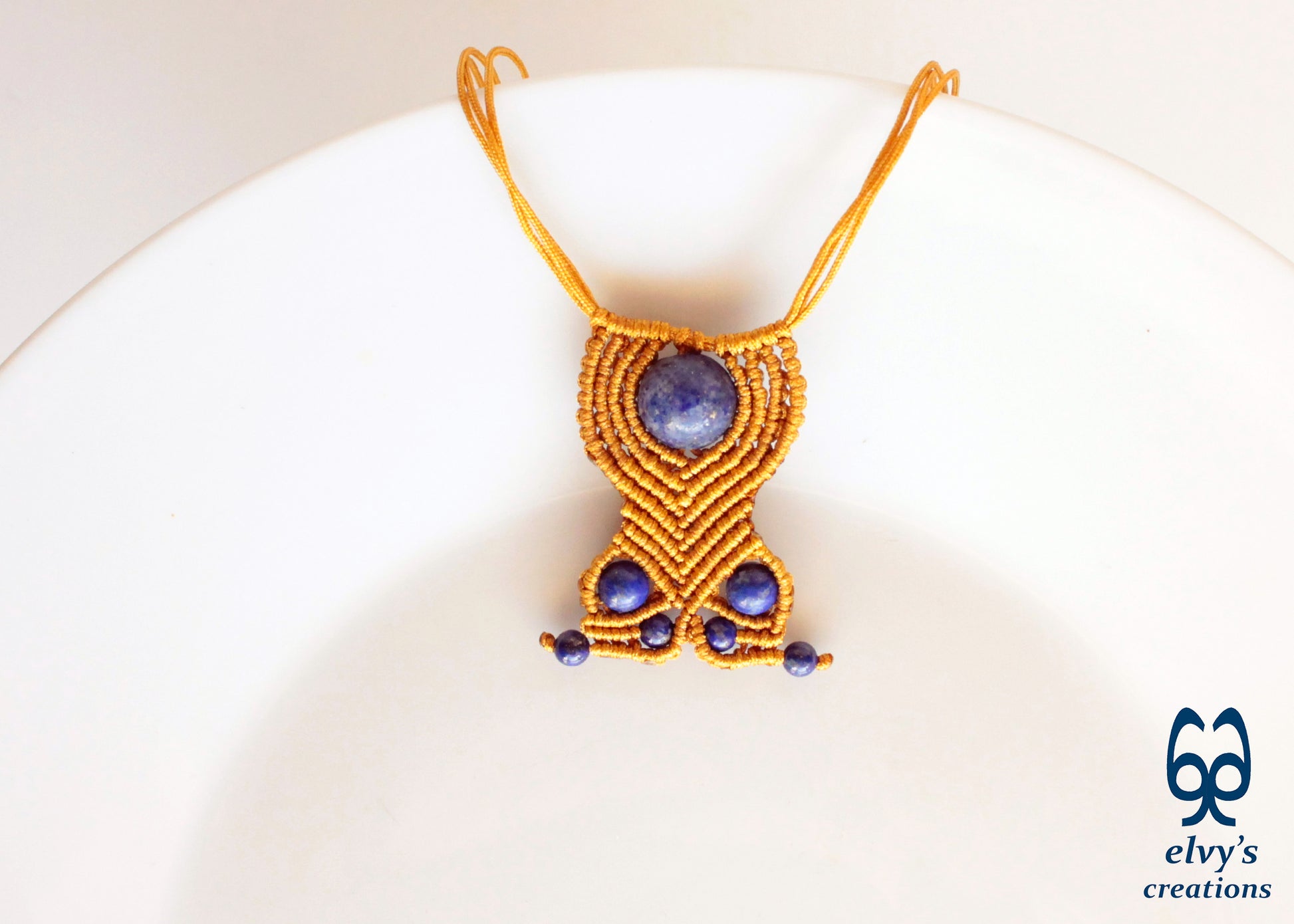 Handmade macrame unisex beaded blue Lapis lazuli adjustable gold choker necklace.
