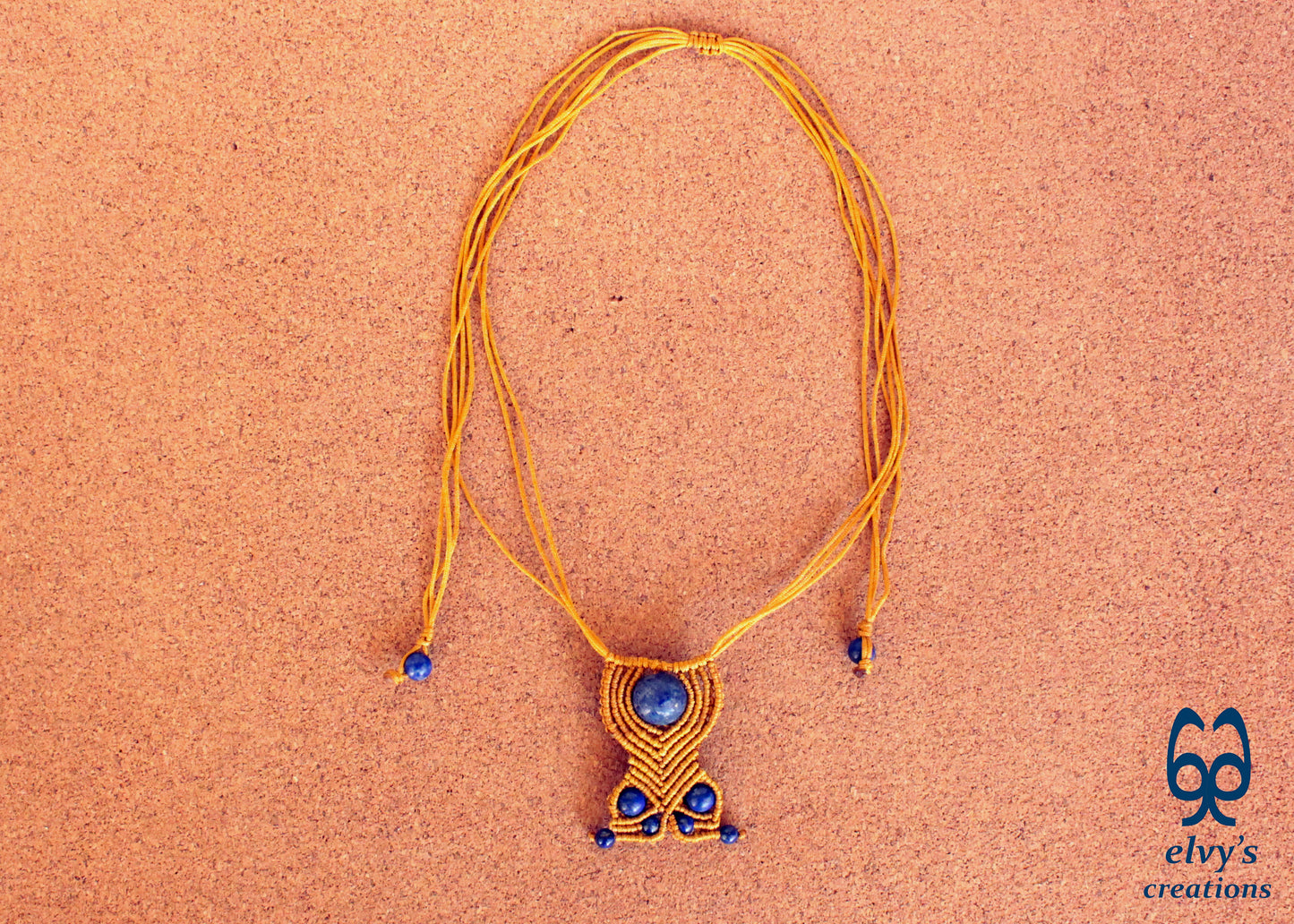 Handmade macrame unisex beaded blue Lapis lazuli adjustable gold choker necklace.