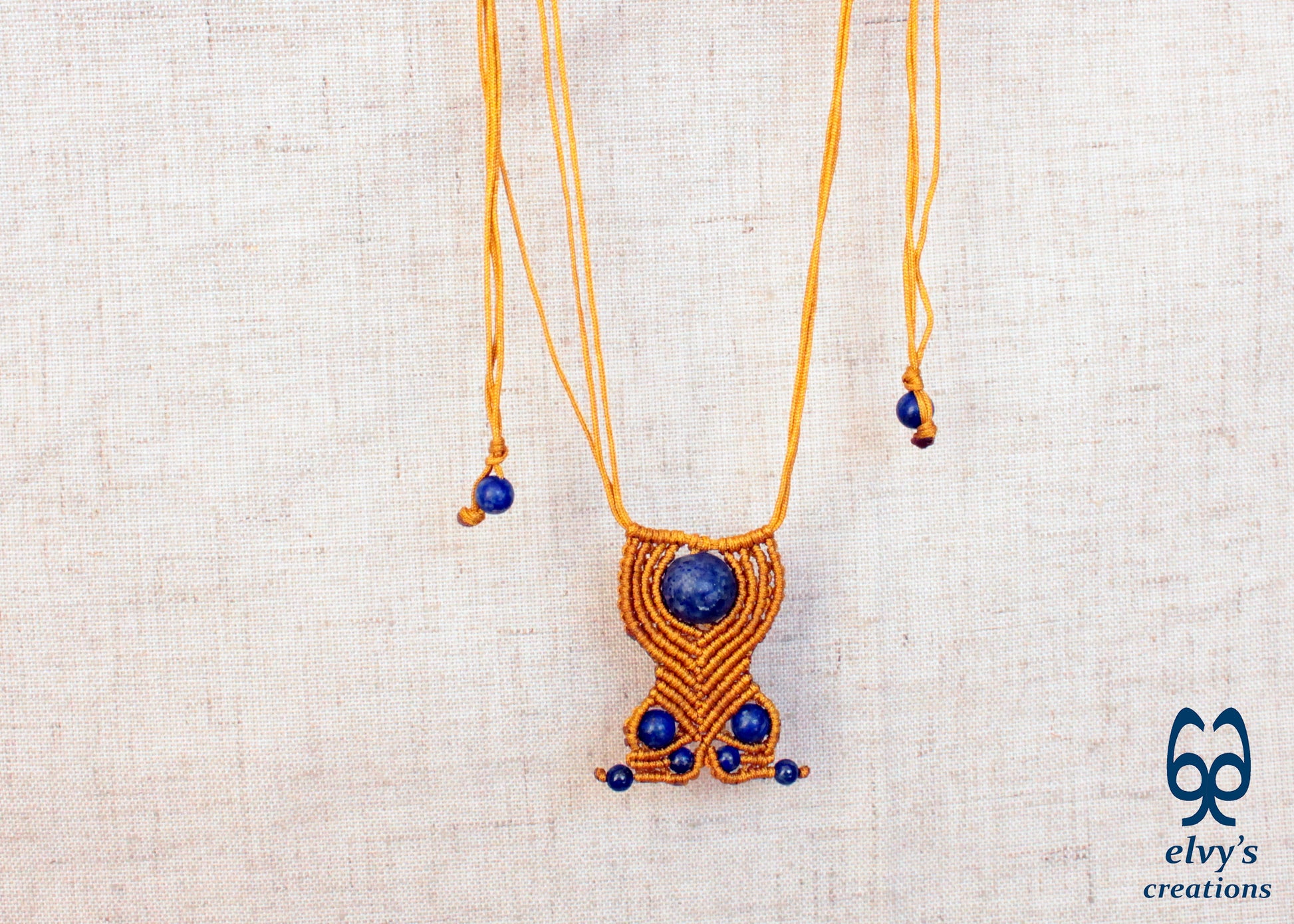 Handmade macrame unisex beaded blue Lapis lazuli adjustable gold choker necklace.