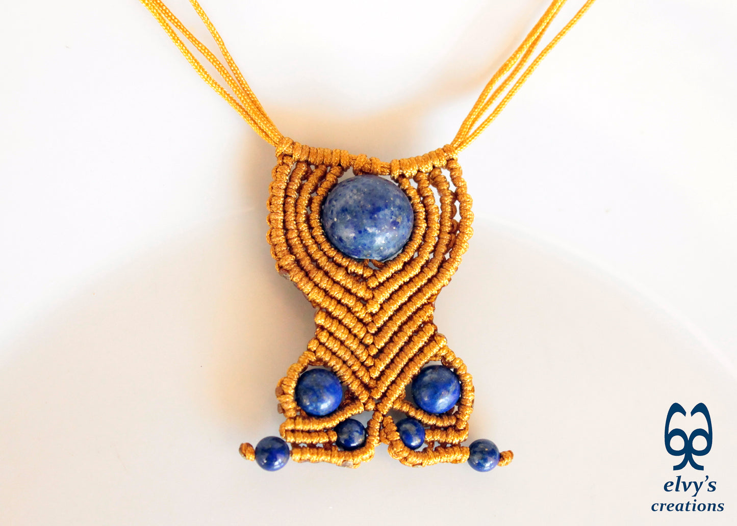 Handmade macrame unisex beaded blue Lapis lazuli adjustable gold choker necklace.