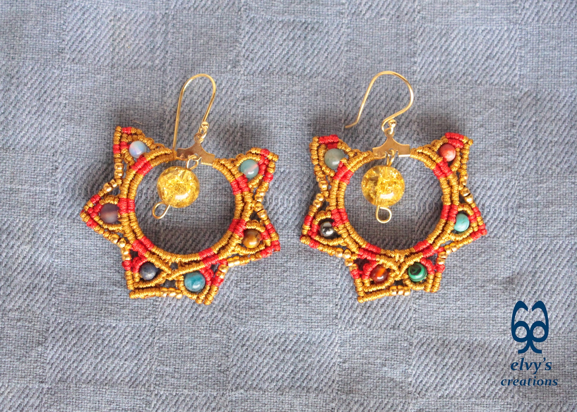 Gold and Red Macrame Earrings Gemstone Earrings Birthday Gift for Women