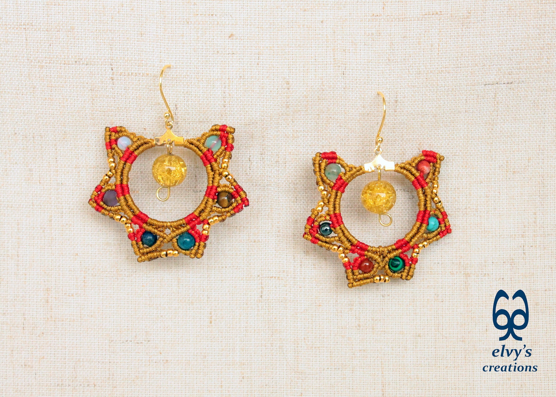 Gold and Red Macrame Earrings Gemstone Earrings Birthday Gift for Women