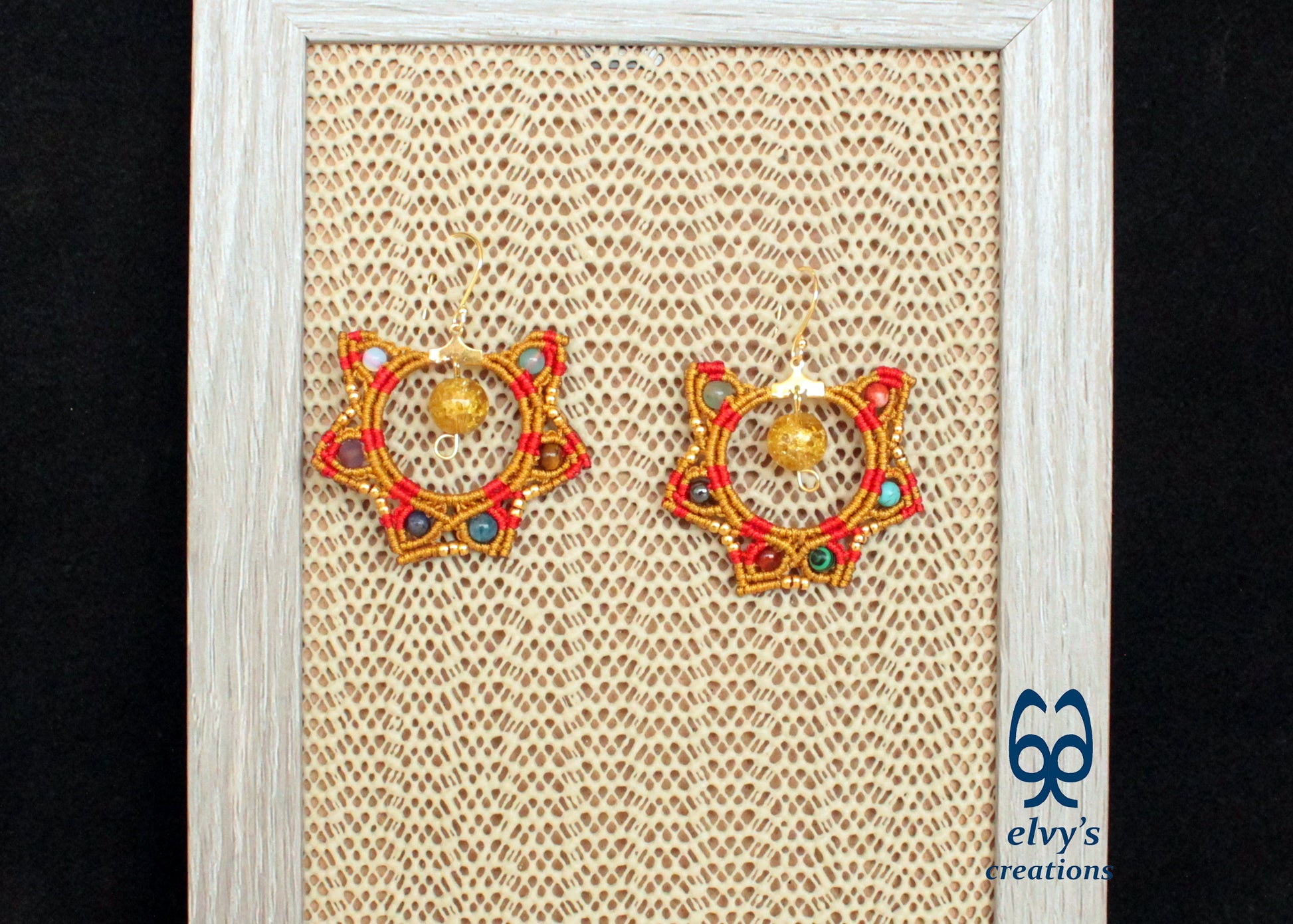 Gold and Red Macrame Earrings Gemstone Earrings Birthday Gift for Women