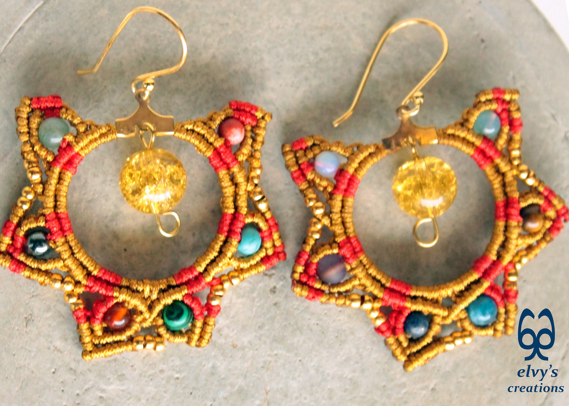 Gold and Red Macrame Earrings Gemstone Earrings Birthday Gift for Women