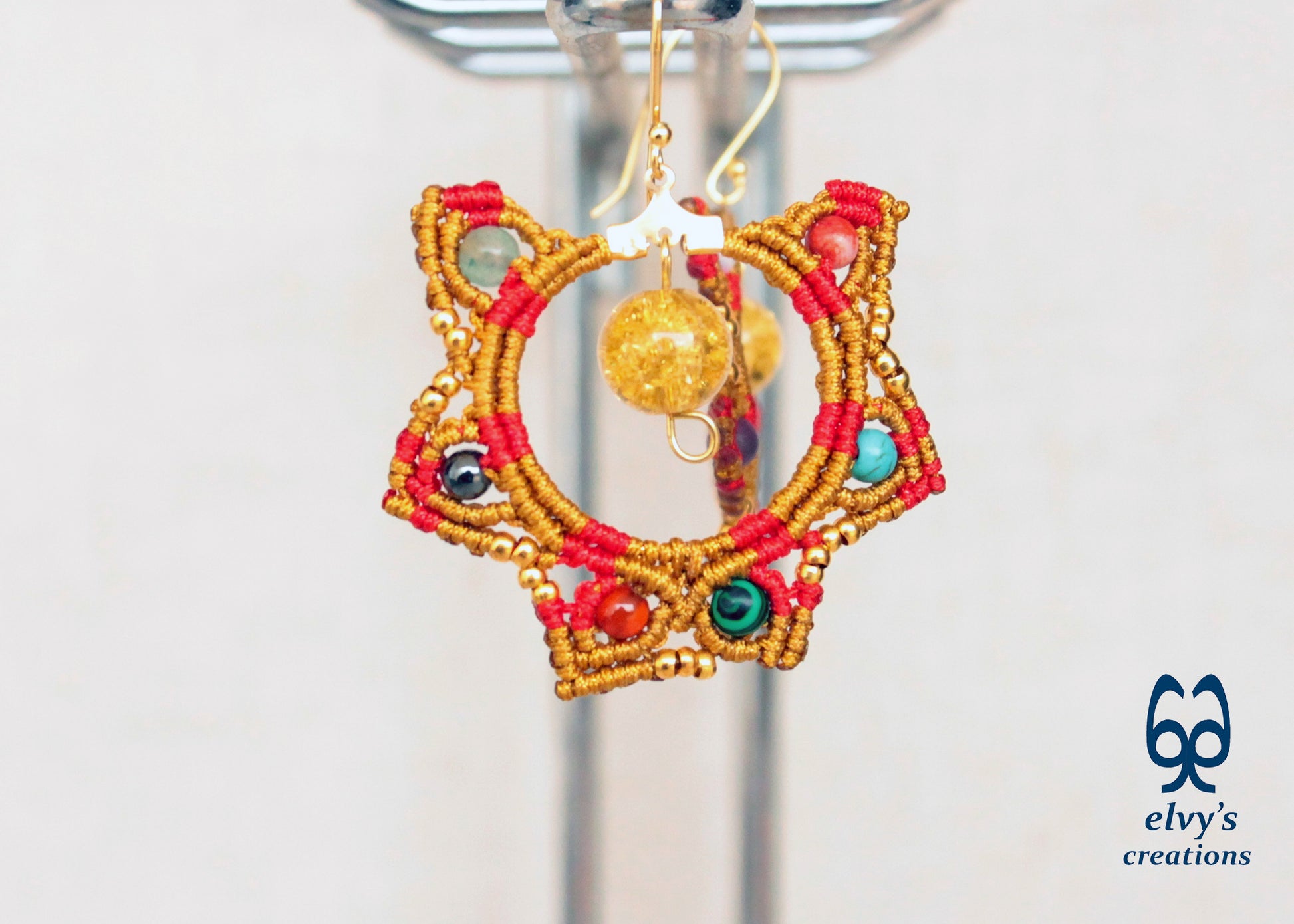 Gold and Red Macrame Earrings Gemstone Earrings Birthday Gift for Women