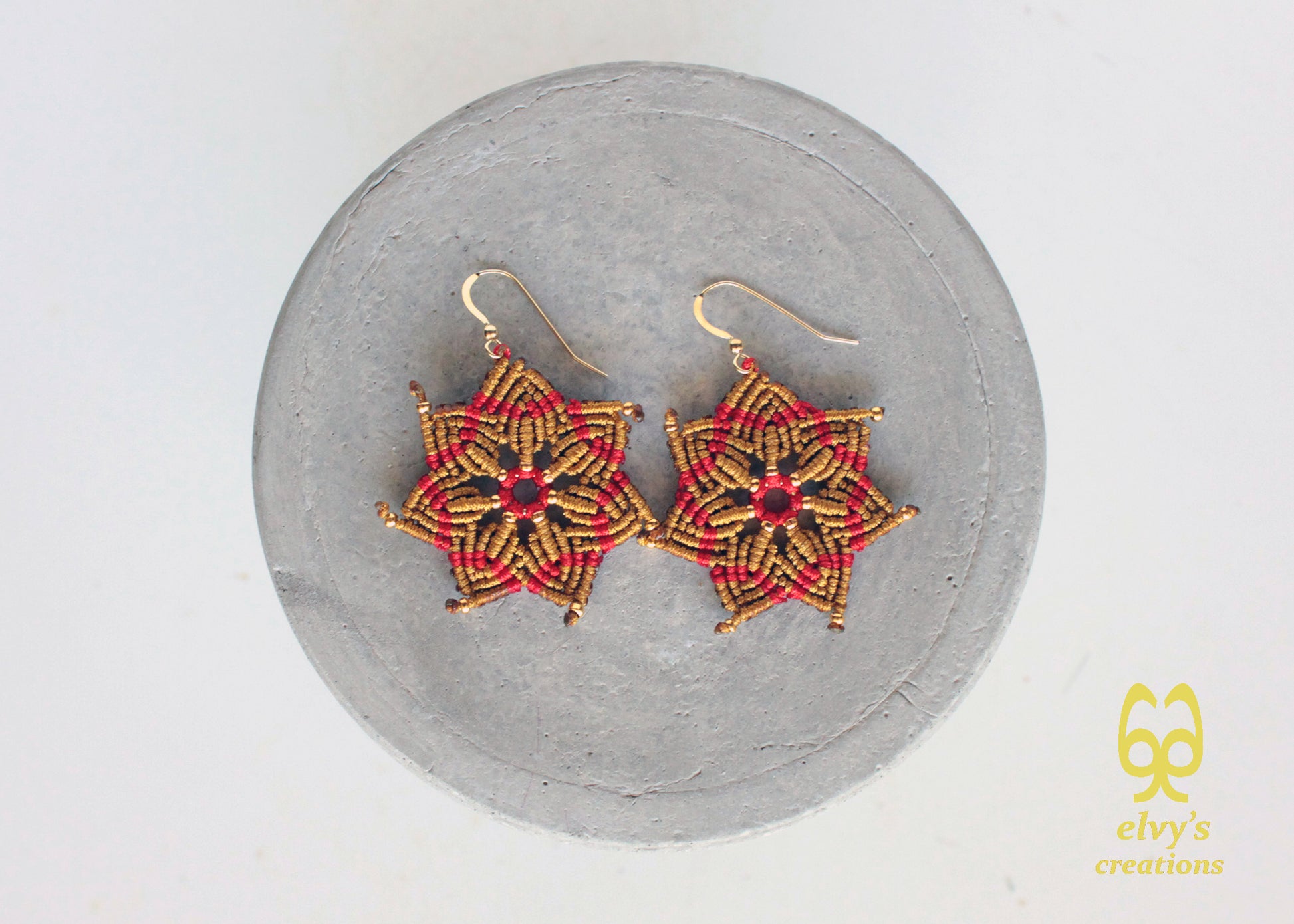 Macrame Christmas Star Earrings Holiday Season New Year Gift for her Gold Dangle Stars with Gold Brass Beads Handmade Christmas Present