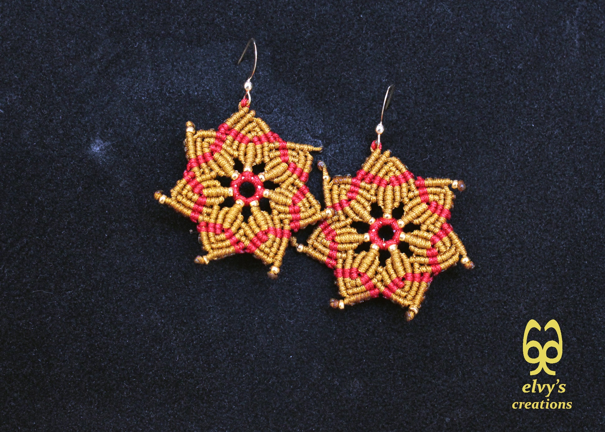 Macrame Christmas Star Earrings Holiday Season New Year Gift for her Gold Dangle Stars with Gold Brass Beads Handmade Christmas Present