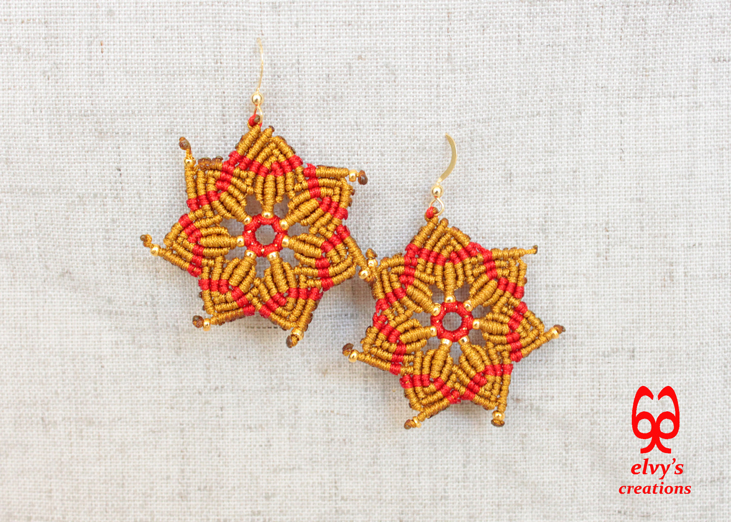 Macrame Christmas Star Earrings Holiday Season New Year Gift for her Gold Dangle Stars with Gold Brass Beads Handmade Christmas Present