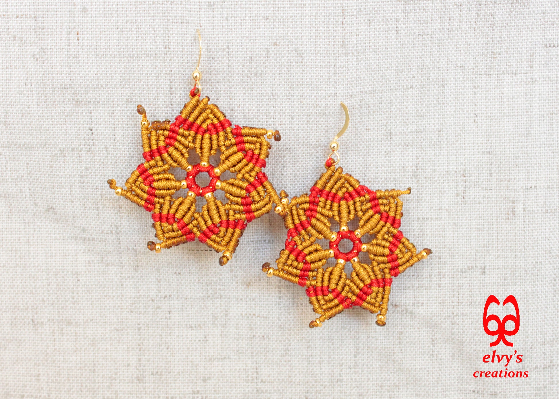 Macrame Christmas Star Earrings Holiday Season New Year Gift for her Gold Dangle Stars with Gold Brass Beads Handmade Christmas Present