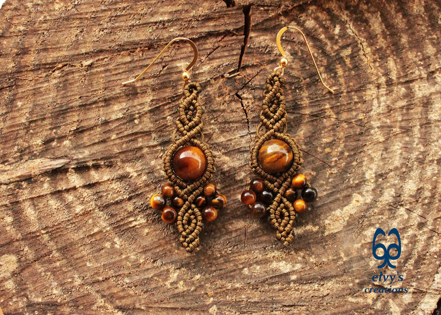 Gold Macrame Earrings Tiger Eye Gemstones Boho Hippie Earrings