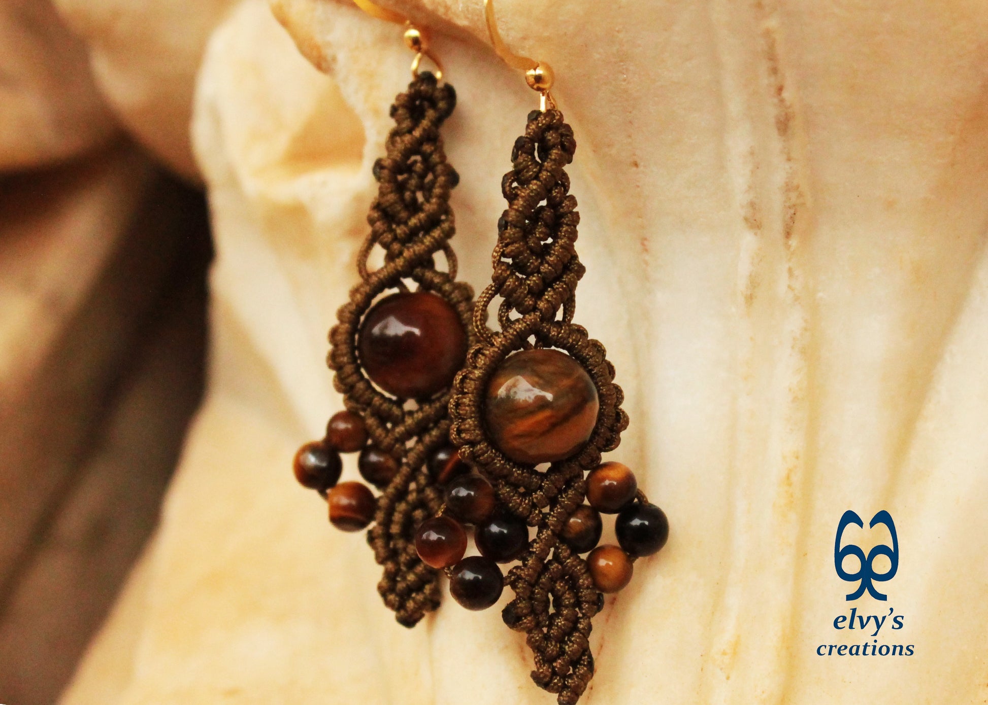 Gold Macrame Earrings Tiger Eye Gemstones Boho Hippie Earrings