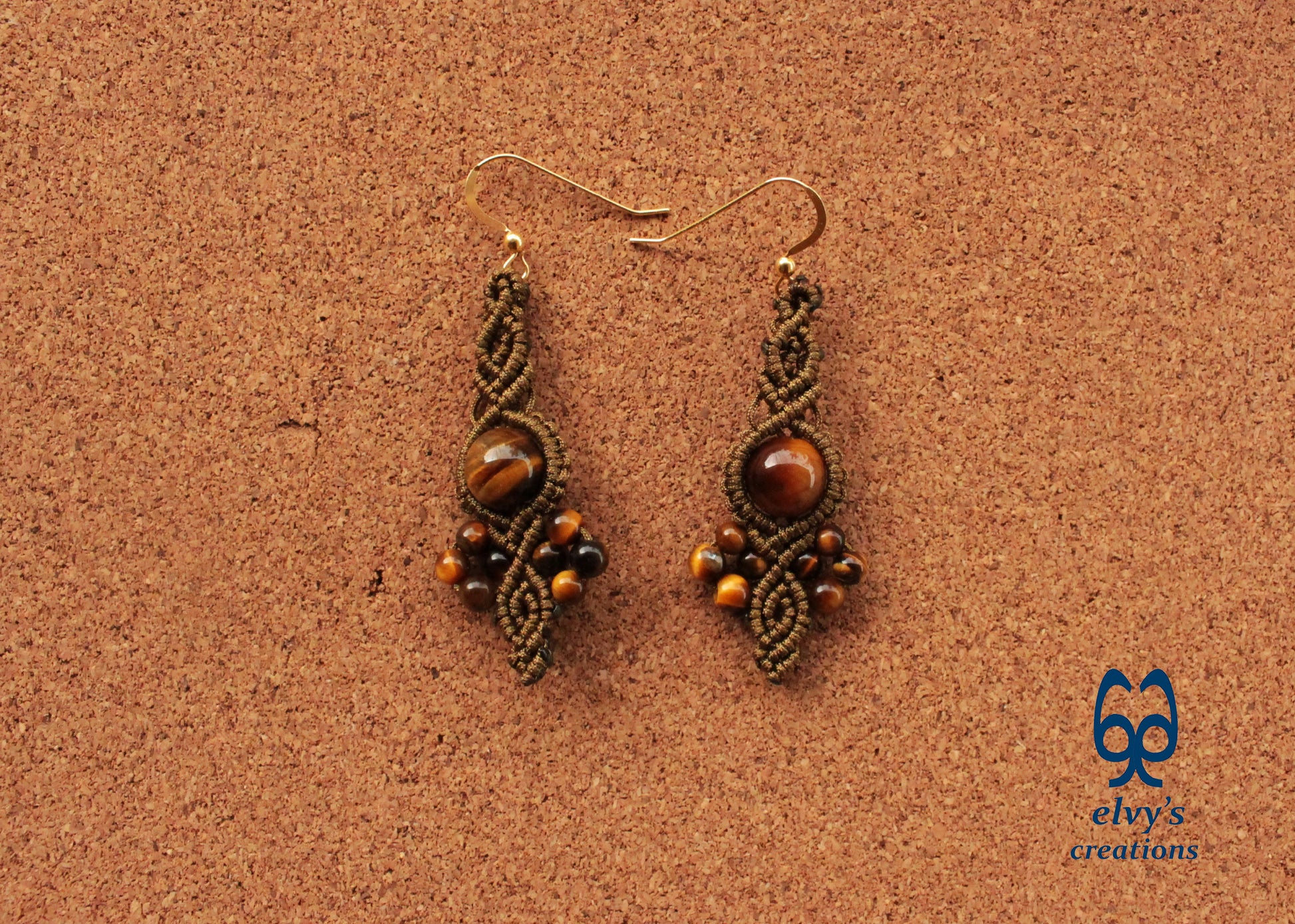 Gold Macrame Earrings Tiger Eye Gemstones Boho Hippie Earrings