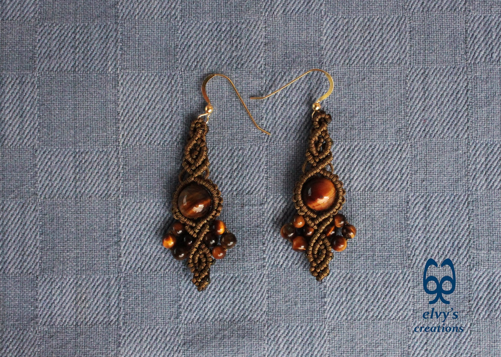 Gold Macrame Earrings Tiger Eye Gemstones Boho Hippie Earrings