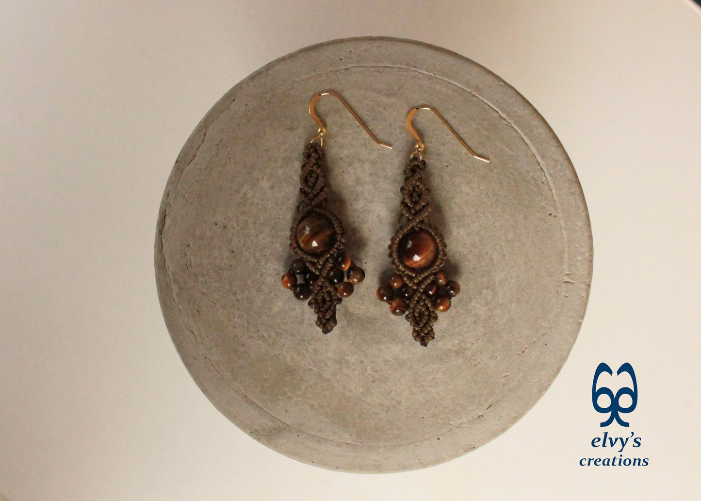 Gold Macrame Earrings Tiger Eye Gemstones Boho Hippie Earrings
