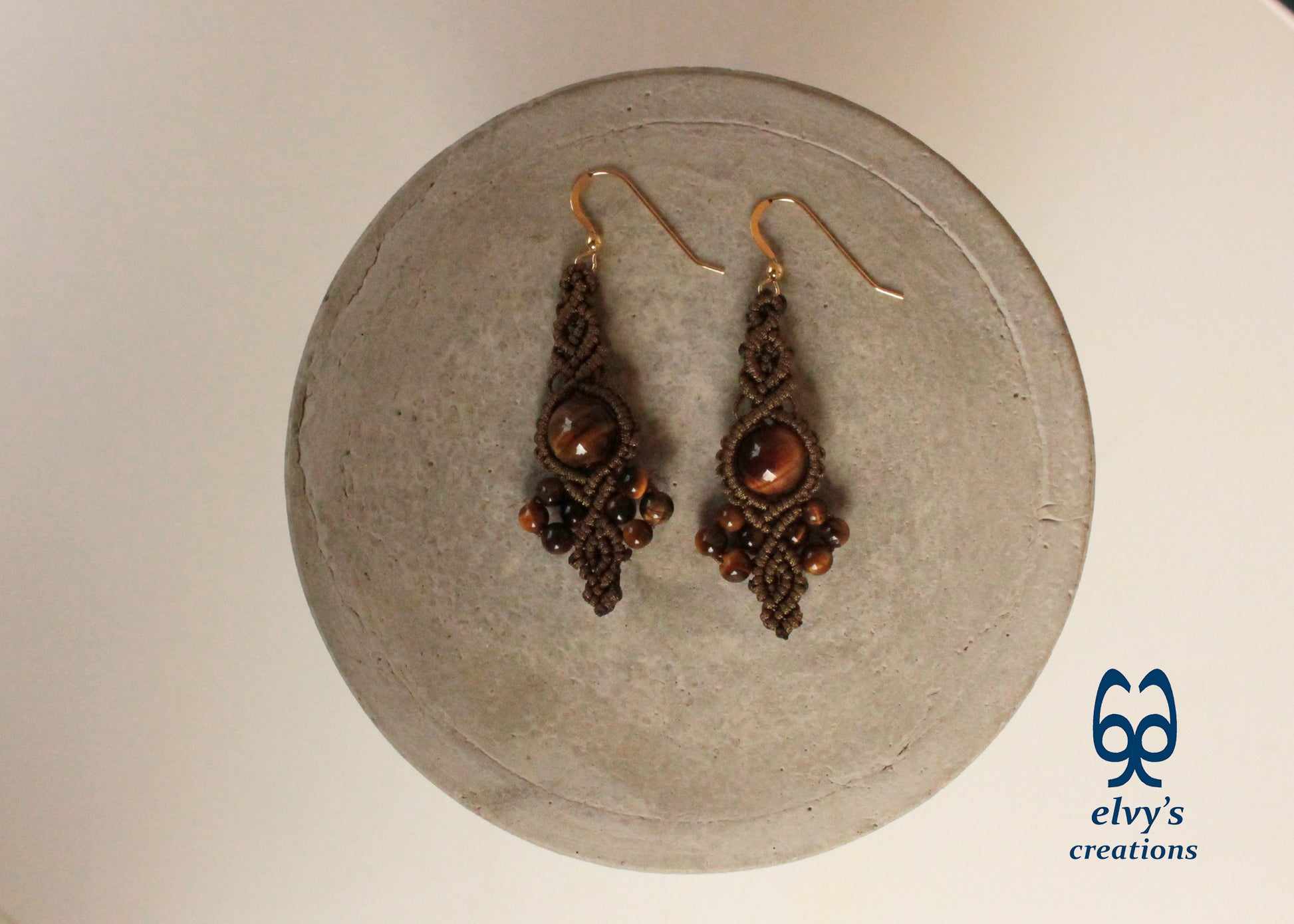 Gold Macrame Earrings Tiger Eye Gemstones Boho Hippie Earrings