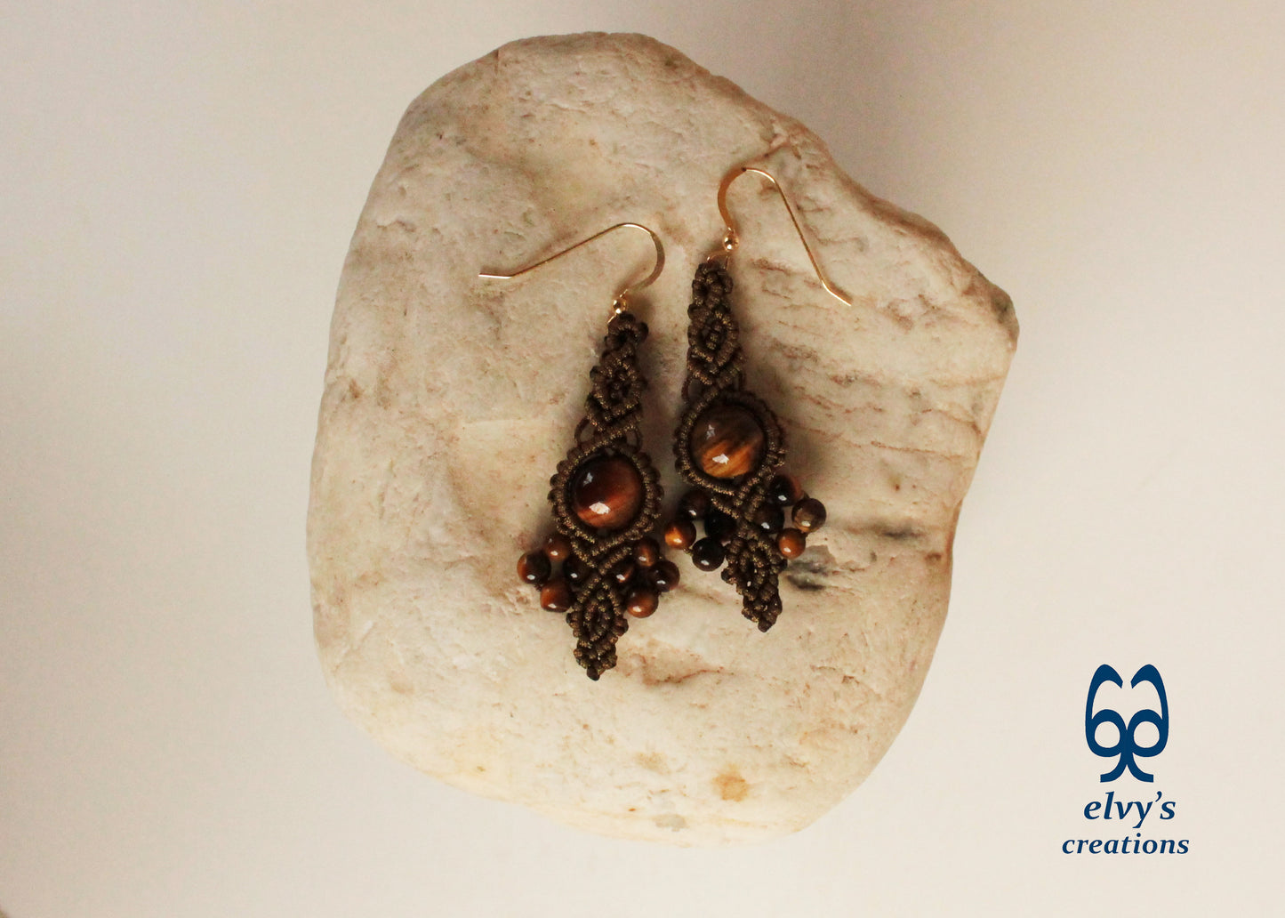 Gold Macrame Earrings Tiger Eye Gemstones Boho Hippie Earrings