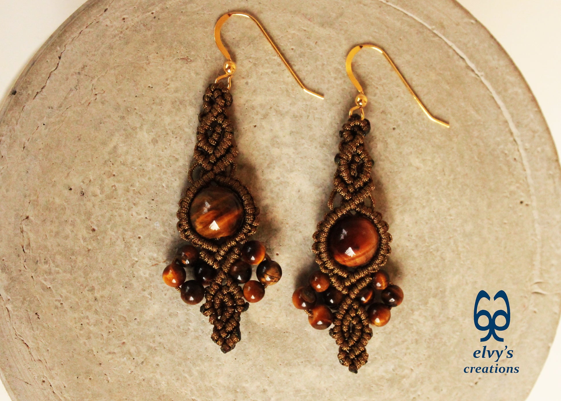 Gold Macrame Earrings Tiger Eye Gemstones Boho Hippie Earrings