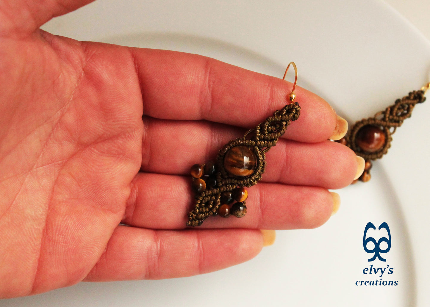 Gold Macrame Earrings Tiger Eye Gemstones Boho Hippie Earrings