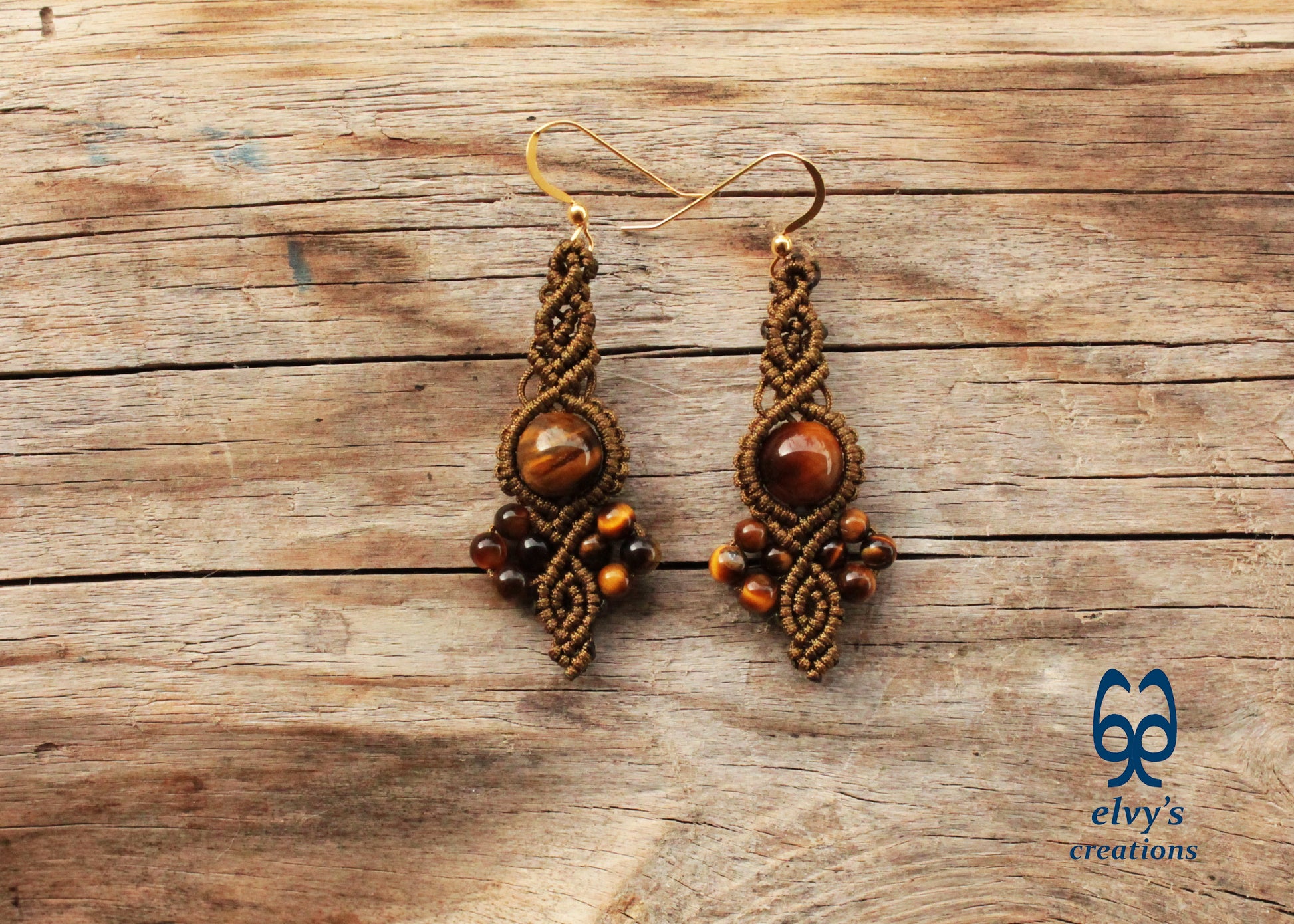 Gold Macrame Earrings Tiger Eye Gemstones Boho Hippie Earrings