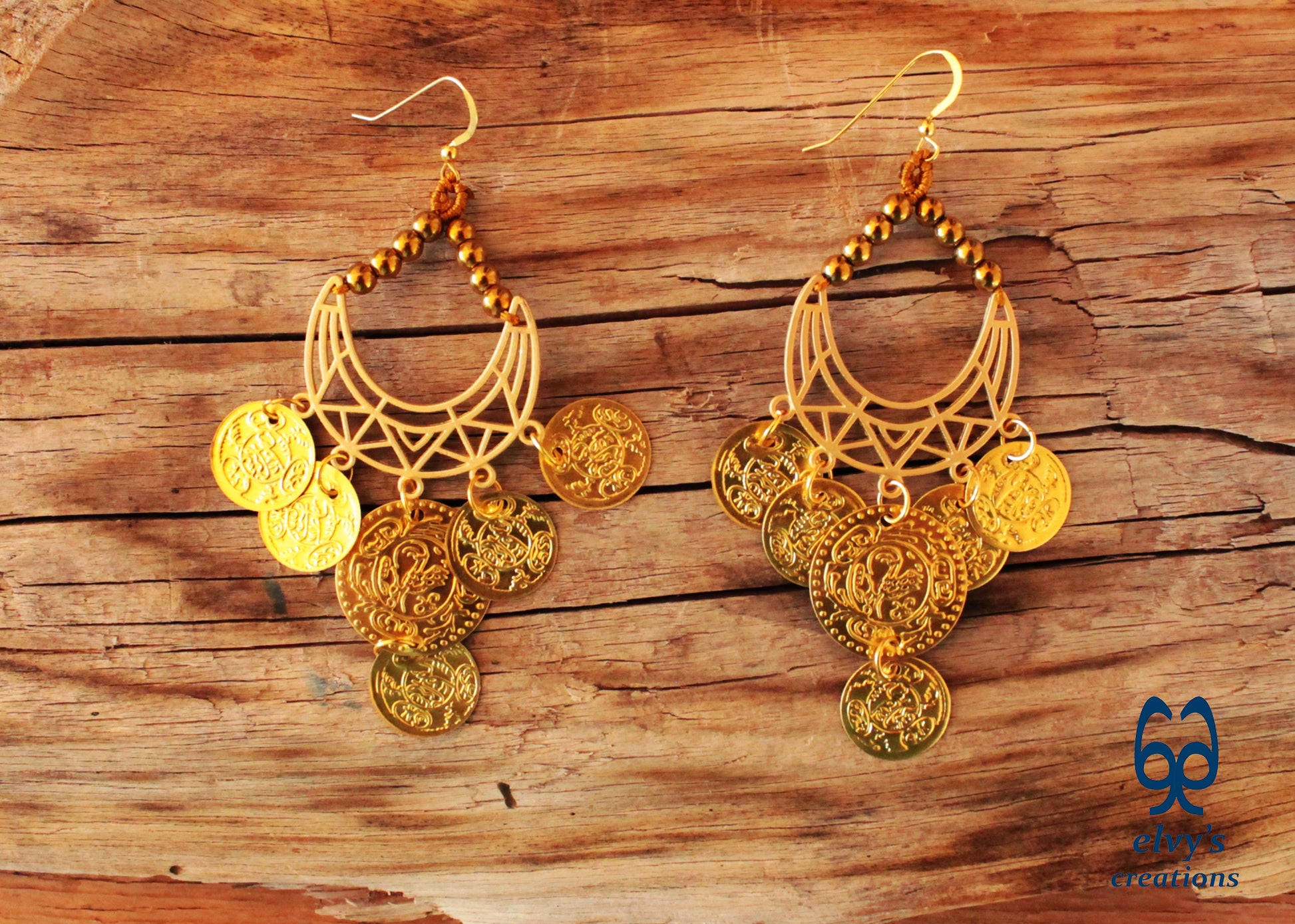 Gold Macrame Earrings with Hematite Gemstones Gypsy Earrings with Coins Boho Dangle with Coins, Μακραμέ Σκουλαρίκια με Χρυσά Φλουριά και Κρυστάλλους Αιματίτη