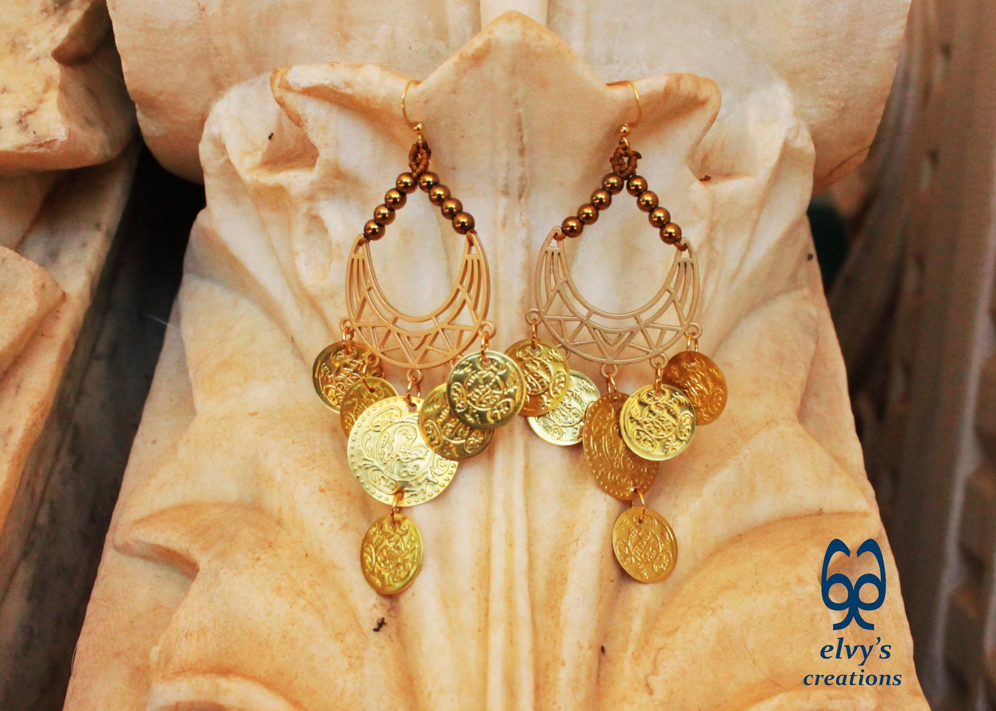 Gold Macrame Earrings with Hematite Gemstones Gypsy Earrings with Coins Boho Dangle with Coins, Μακραμέ Σκουλαρίκια με Χρυσά Φλουριά και Κρυστάλλους Αιματίτη