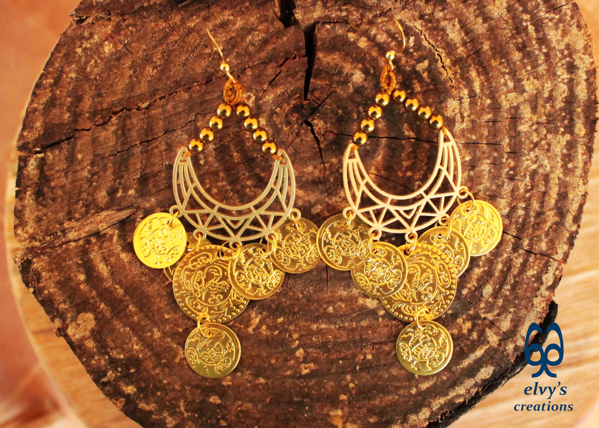 Gold Macrame Earrings with Hematite Gemstones Gypsy Earrings with Coins Boho Dangle with Coins, Μακραμέ Σκουλαρίκια με Χρυσά Φλουριά και Κρυστάλλους Αιματίτη
