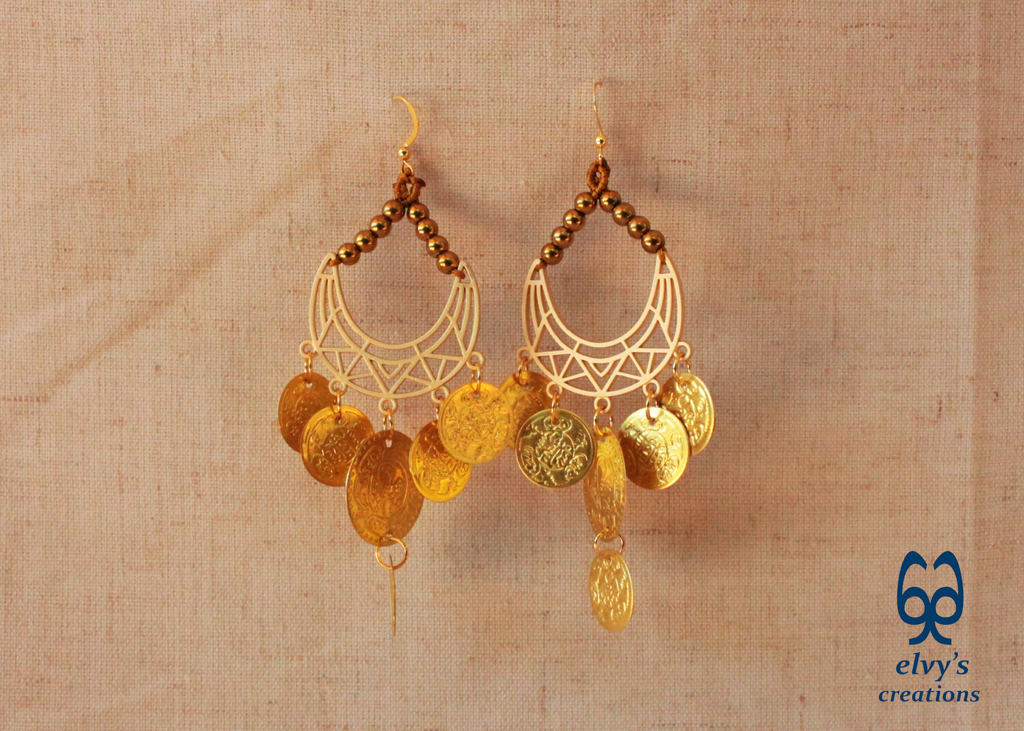 Gold Macrame Earrings with Hematite Gemstones Gypsy Earrings with Coins Boho Dangle with Coins, Μακραμέ Σκουλαρίκια με Χρυσά Φλουριά και Κρυστάλλους Αιματίτη