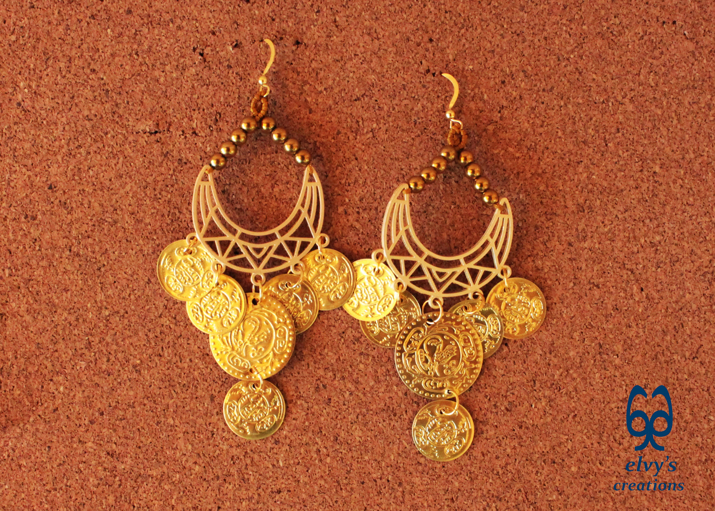 Gold Macrame Earrings with Hematite Gemstones Gypsy Earrings with Coins Boho Dangle with Coins, Μακραμέ Σκουλαρίκια με Χρυσά Φλουριά και Κρυστάλλους Αιματίτη