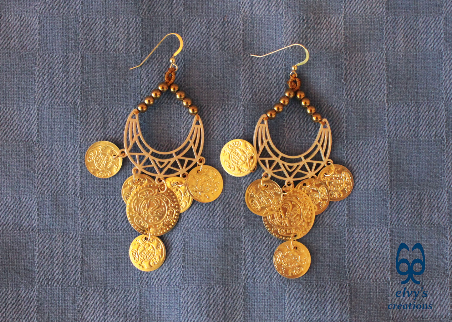 Gold Macrame Earrings with Hematite Gemstones Gypsy Earrings with Coins Boho Dangle with Coins, Μακραμέ Σκουλαρίκια με Χρυσά Φλουριά και Κρυστάλλους Αιματίτη