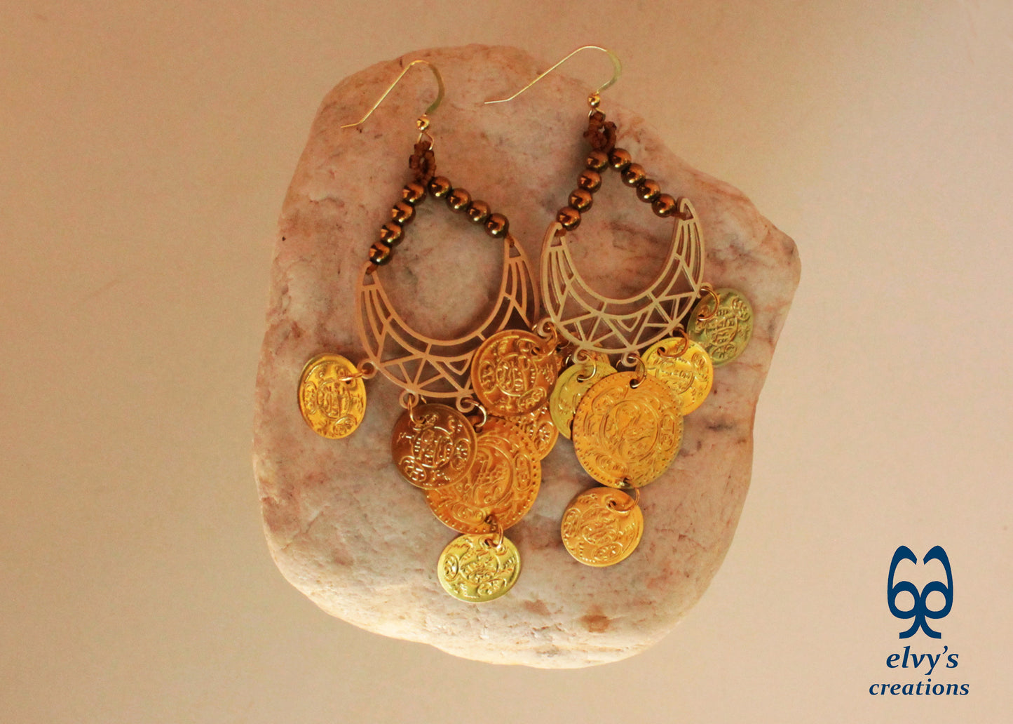 Gold Macrame Earrings with Hematite Gemstones Gypsy Earrings with Coins Boho Dangle with Coins, Μακραμέ Σκουλαρίκια με Χρυσά Φλουριά και Κρυστάλλους Αιματίτη