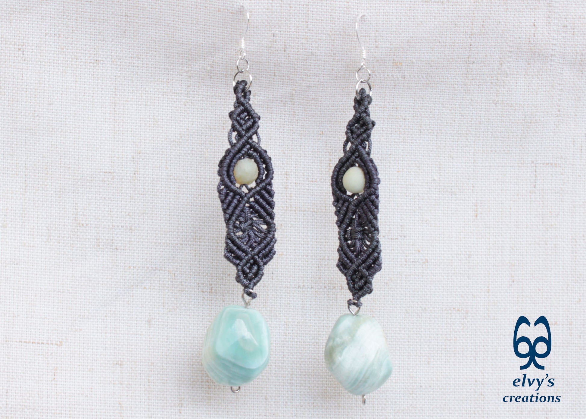 Handmade Gray Macramé Earrings with blue Amazonite Gemstones, Boho Dangle Earrings 