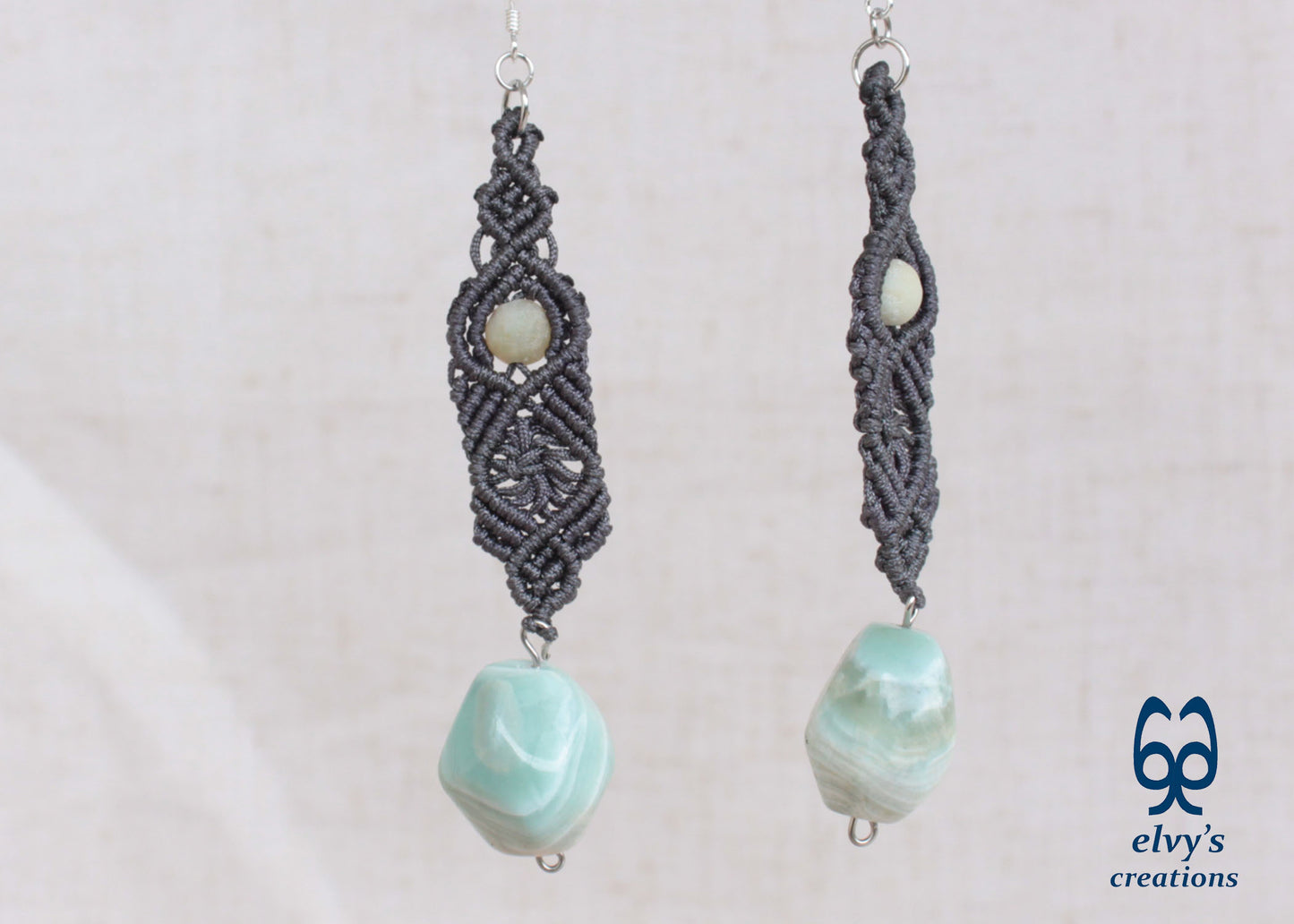 Handmade Gray Macramé Earrings with blue Amazonite Gemstones, Boho Dangle Earrings 