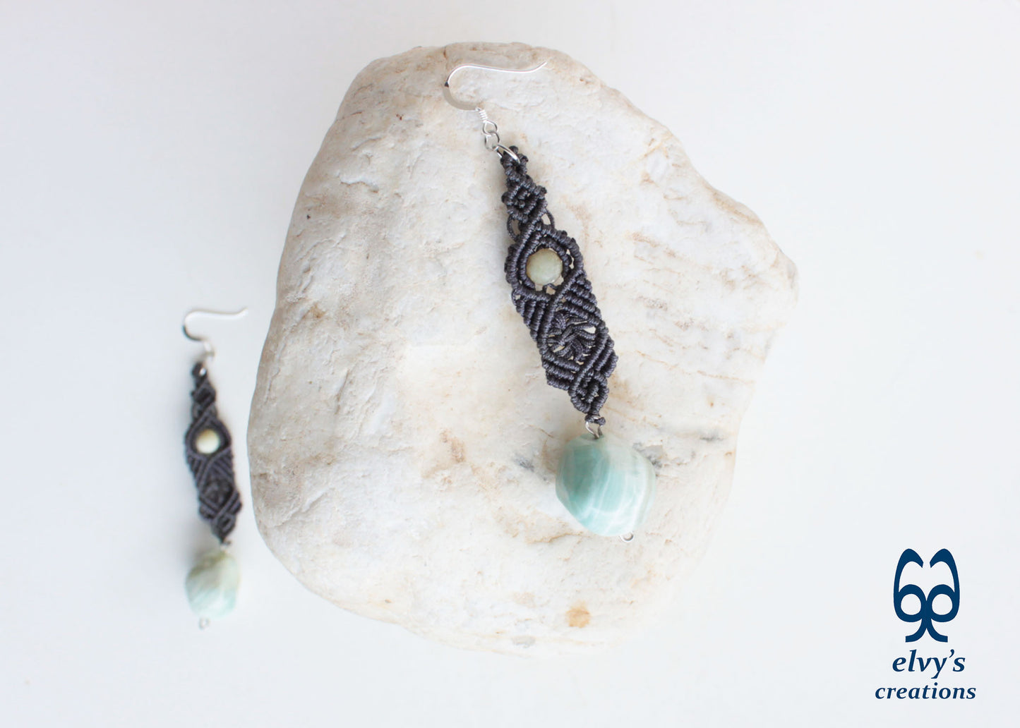 Handmade Gray Macramé Earrings with blue Amazonite Gemstones, Boho Dangle Earrings 