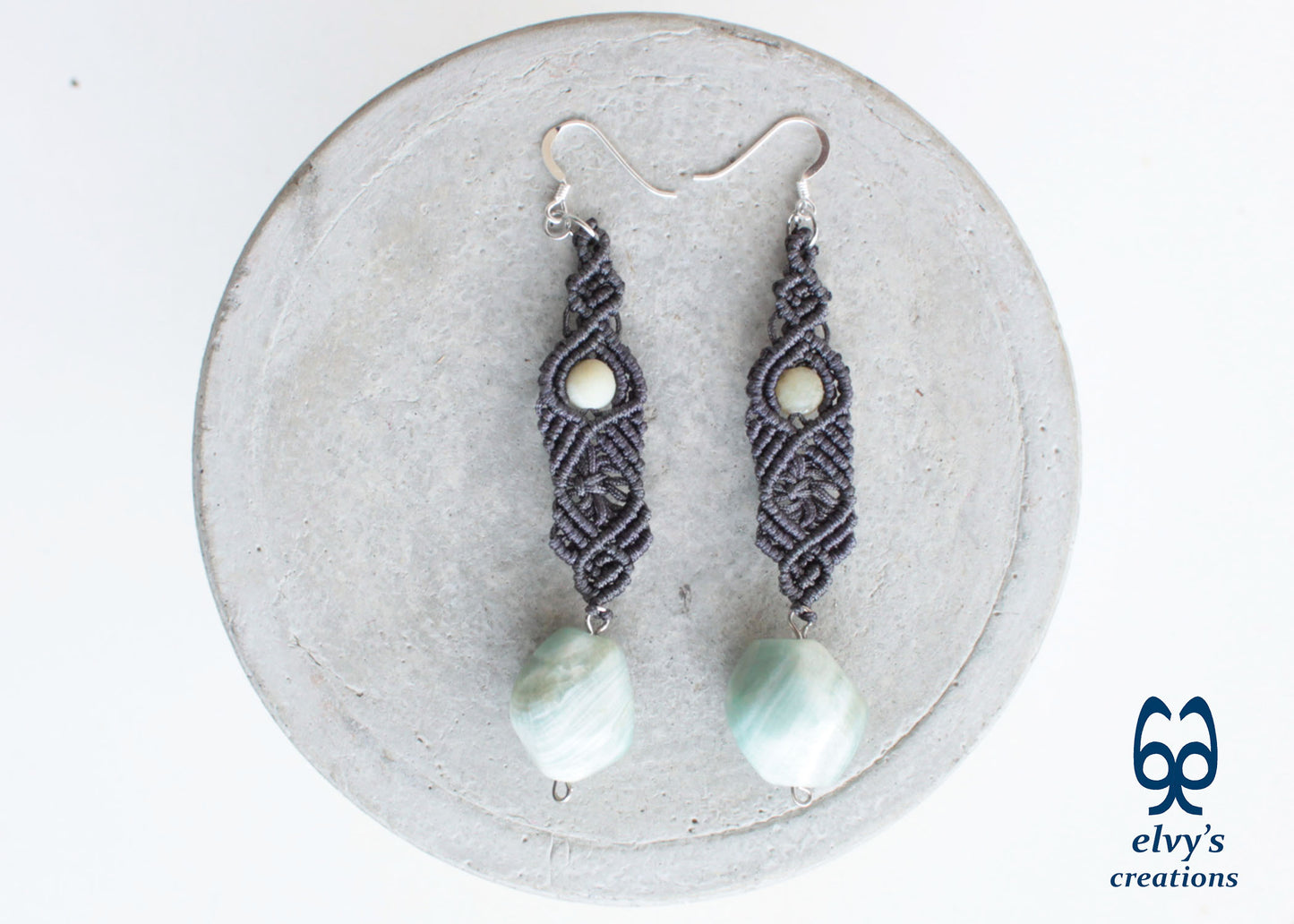 Handmade Gray Macramé Earrings with blue Amazonite Gemstones, Boho Dangle Earrings 