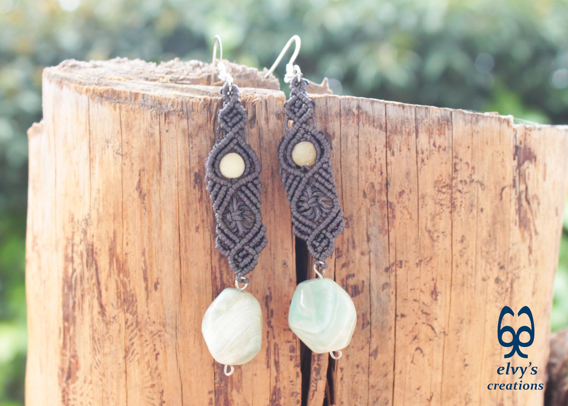 Handmade Gray Macramé Earrings with blue Amazonite Gemstones, Boho Dangle Earrings 