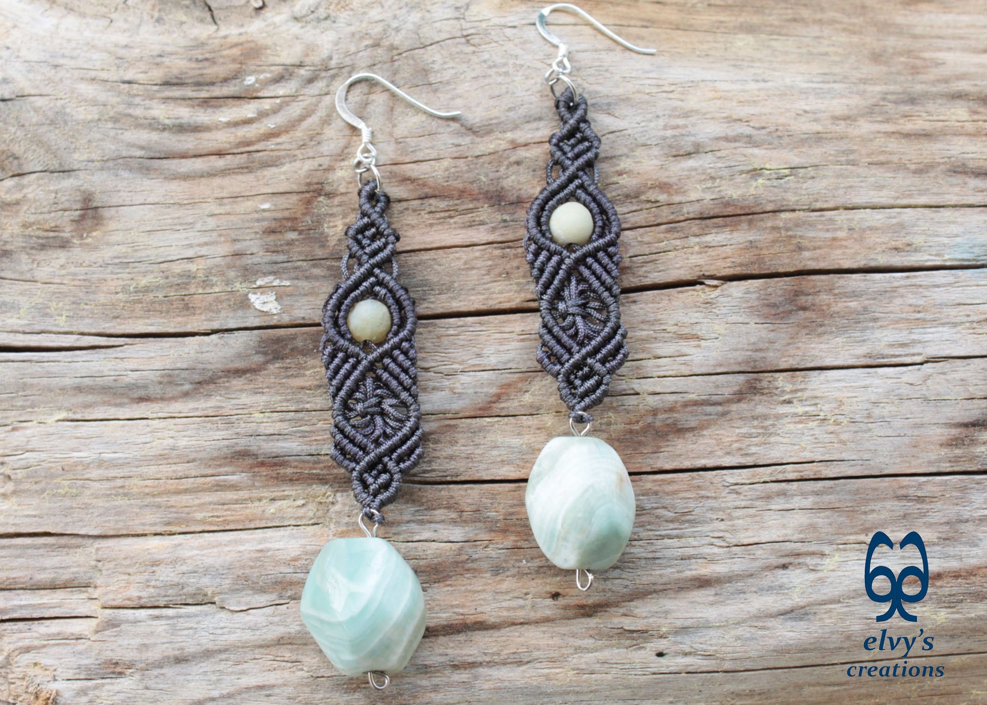 Handmade Gray Macramé Earrings with blue Amazonite Gemstones, Boho Dangle Earrings 