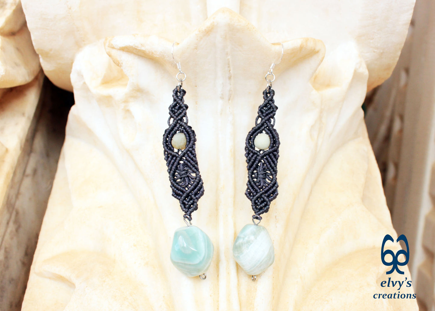 Handmade Gray Macramé Earrings with blue Amazonite Gemstones, Boho Dangle Earrings 