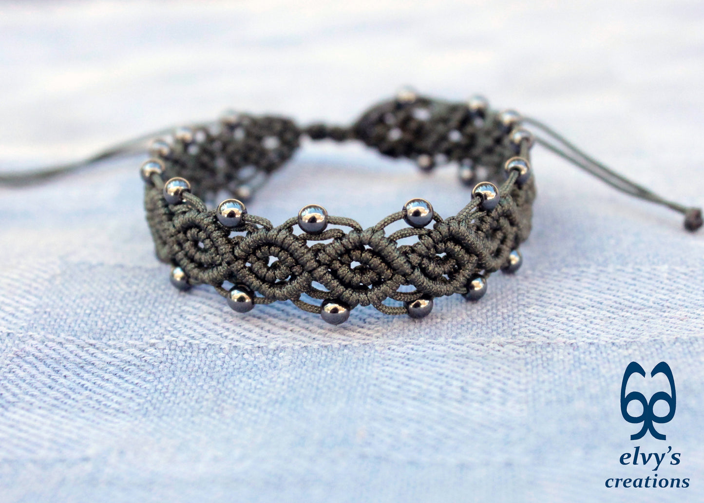 Handmade Macrame Bracelet, Hematite Gemstone Beaded Cuff, Unique Birthday Gift for Women