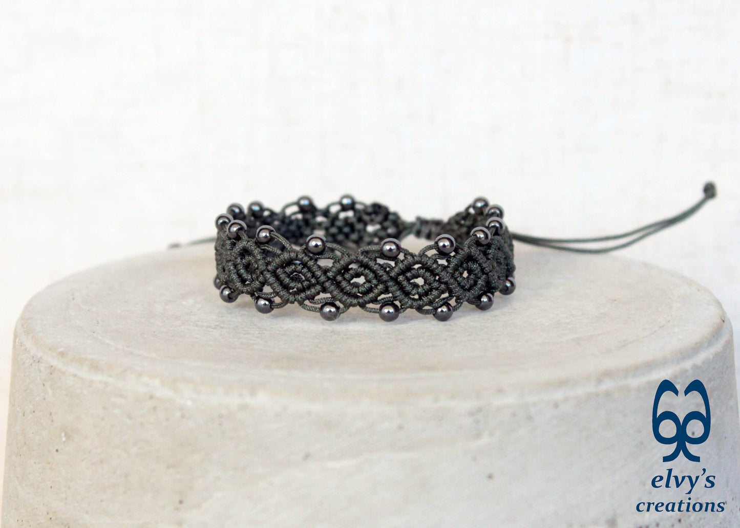 Handmade Macrame Bracelet, Hematite Gemstone Beaded Cuff, Unique Birthday Gift for Women