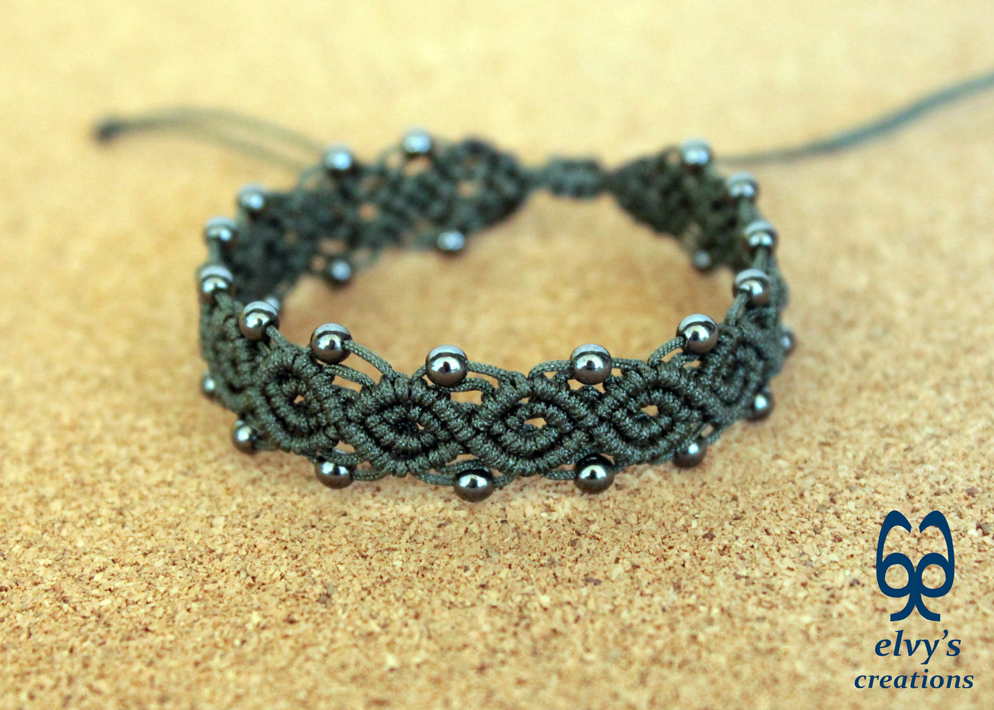 Handmade Macrame Bracelet, Hematite Gemstone Beaded Cuff, Unique Birthday Gift for Women