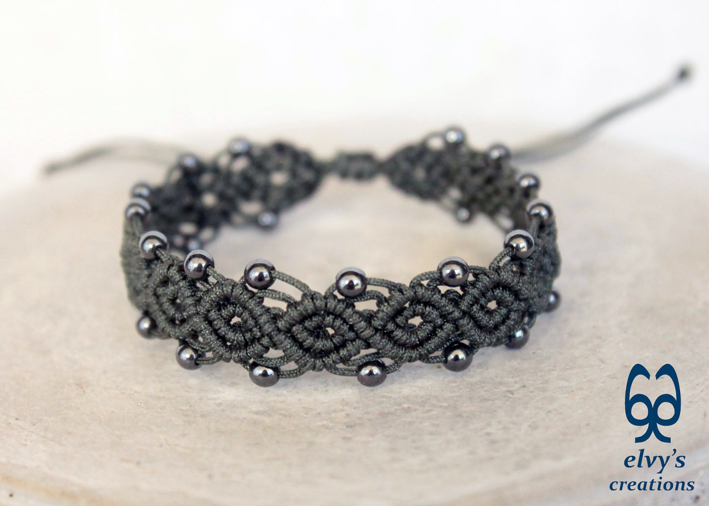 Handmade Macrame Bracelet, Hematite Gemstone Beaded Cuff, Unique Birthday Gift for Women