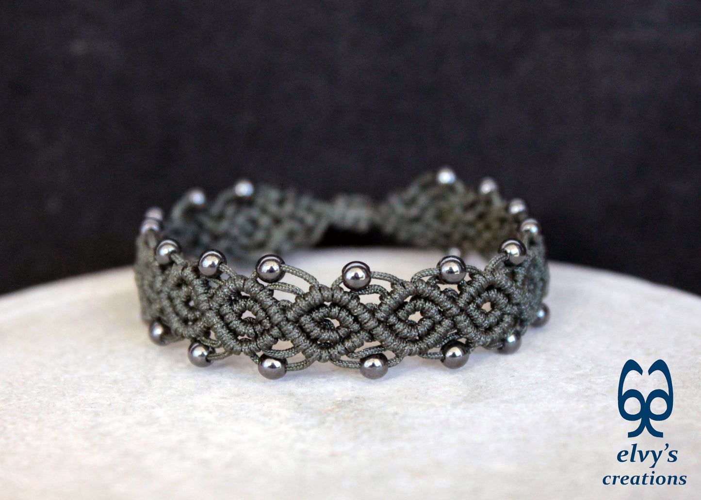 Handmade Macrame Bracelet, Hematite Gemstone Beaded Cuff, Unique Birthday Gift for Women