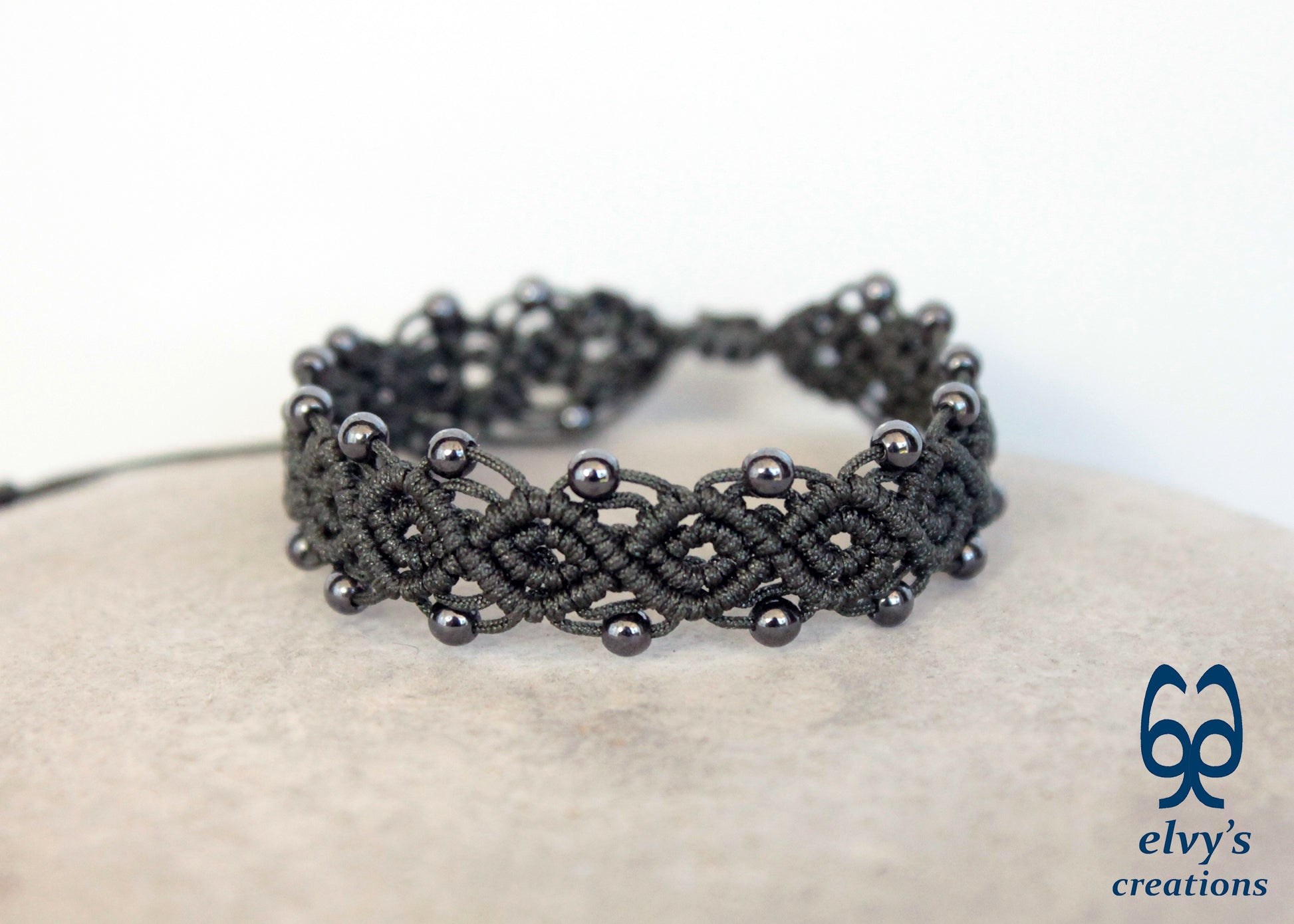 Handmade Macrame Bracelet, Hematite Gemstone Beaded Cuff, Unique Birthday Gift for Women