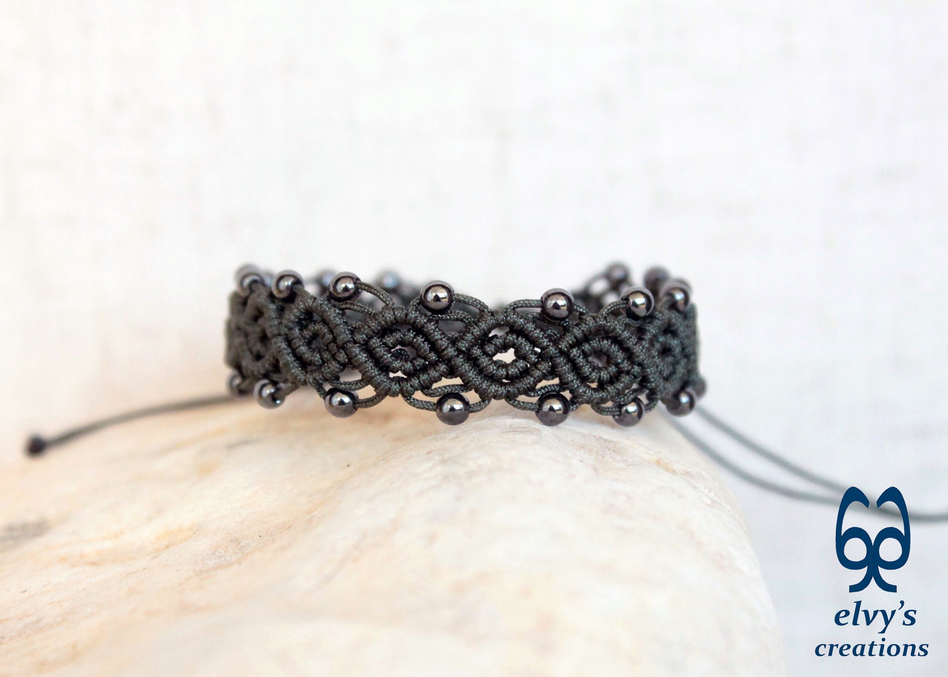 Handmade Macrame Bracelet, Hematite Gemstone Beaded Cuff, Unique Birthday Gift for Women