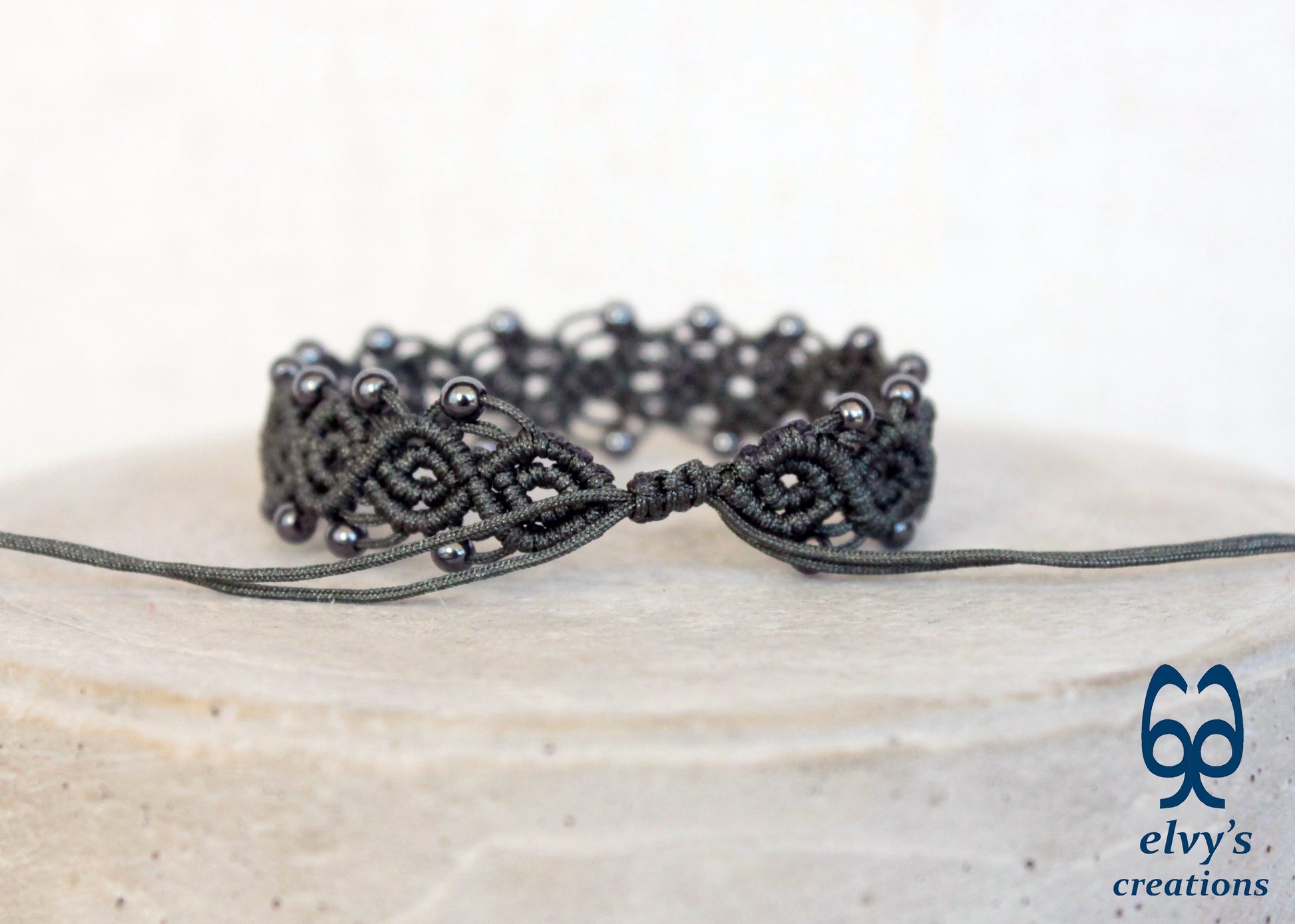 Handmade Macrame Bracelet, Hematite Gemstone Beaded Cuff, Unique Birthday Gift for Women